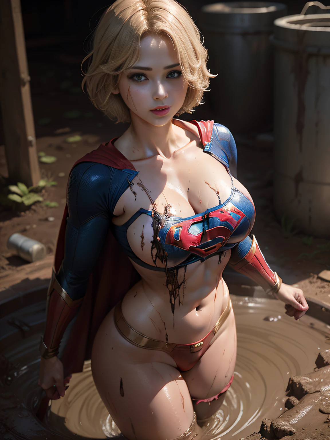 masterpiece、Short-haired Supergirl fell into the sewage、large full breasts、Looking at the camera、Glossy costume、Crotch、Mud stains、Covered in mud、wounded