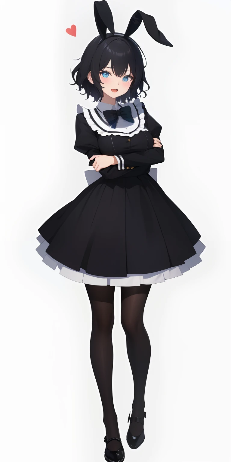 Full body,(( Upright)), ((Arms at sides)), Looking at Viewer, Simple background, 1girl in, Open mouth, Smile, Virtual Youtuber、girl with、、((Best Quality, high_resolution, Distinct_image)),(Black hair), (((Black cat ears))), (Ahoge), (absurdly short hair), (Wavy Hair), (Blue eyes),、A smile、large full breasts,(wearing shoes on feet),((is wearing Bunny Girl Costume)),