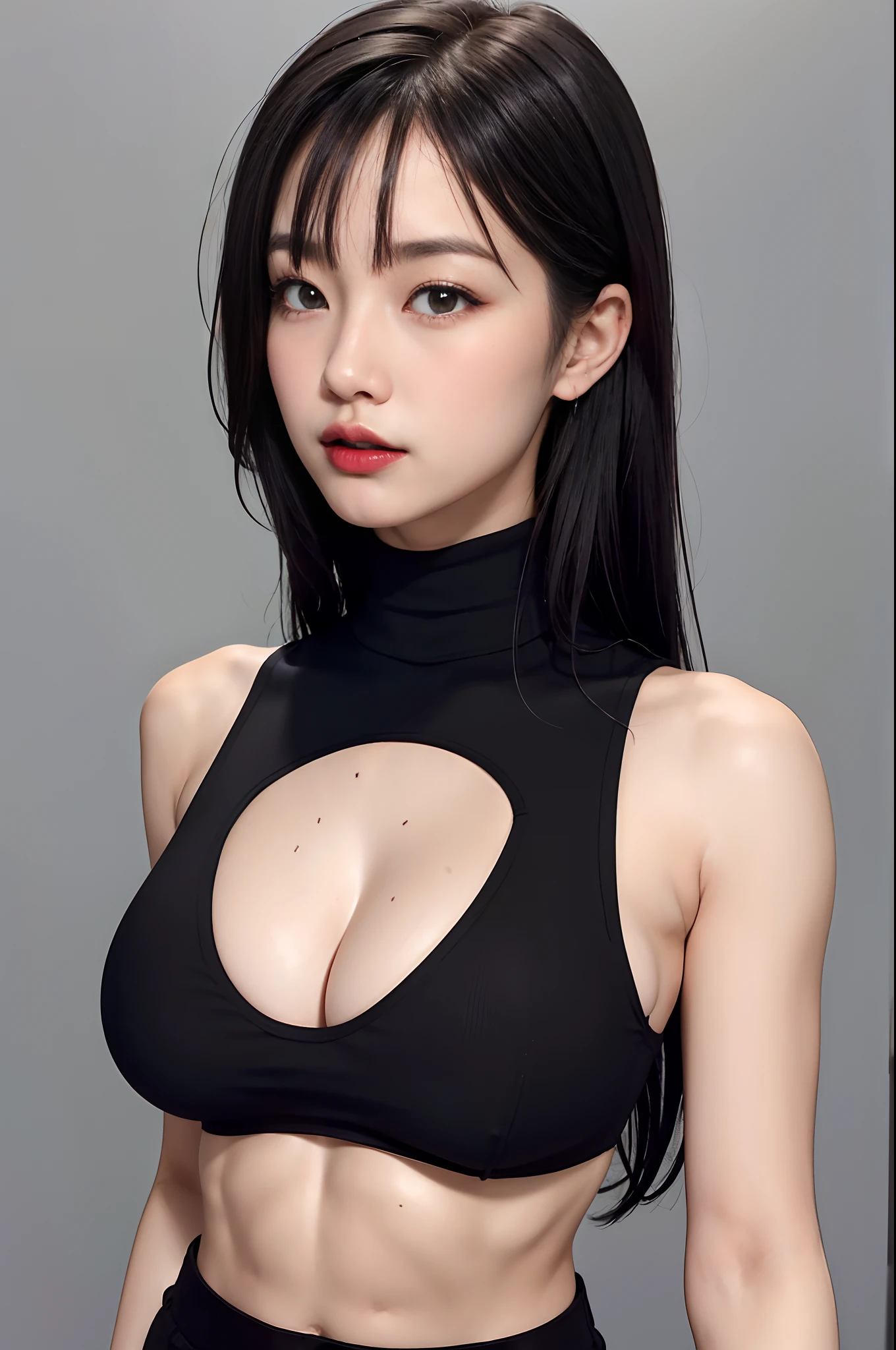 Girls, Bangs, Bare Shoulders, Black Pants, Breasts, Breasts squeezed together, Grey background, Hair between the eyes, Huge breasts, Long hair, View Viewer, Pants, Parted lips, Red eyes, Shirt, Simple background, Sleeveless, Sleeveless shirt, Solo, Turtleneck, V arm, White hair,(Shiny skin),(Masterpiece:1.4),(Best quality:1.4),,Facigirl,Red lips,Perfect abs, belly button, (nipple: 1.5), (sheer areola), nipple, huge, sweat,