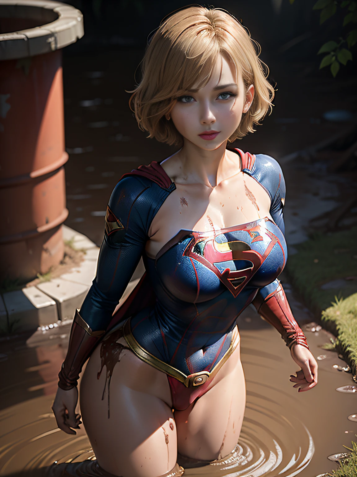 ​masterpiece、Short-haired Supergirl fell into the sewage、large full breasts、Looking at the camera、Glossy costume、Crotch、Mud stains、Covered in mud、wounded