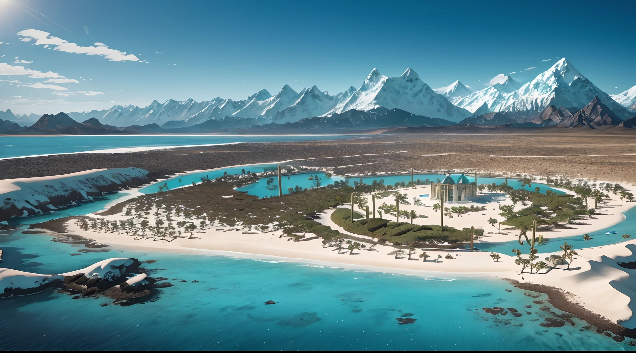 (desert island surrounded by water:1.7), (Snowy mountains:1.5), (best quality,4k,8k,highres,masterpiece:1.2), ultra-detailed, realistic:1.37, HDR, studio lighting, extreme detail description, professional, vivid colors, bokeh, landscape, photography, cool blue tones, soft lighting.
In the midst of a vast ocean, a small desert island emerges, surrounded by crystal clear turquoise waters. The island is covered in fine white sand, glittering under the warm sunlight. Tall palm trees sway gently in the breeze, casting shadows on the beach. Beyond the shoreline, colorful coral reefs can be seen, teeming with vibrant marine life.
The focus of the artwork is on the island itself, with its sandy beaches and lush vegetation. The sand is meticulously textured, capturing each grain in ultra-detailed precision. The coastline is carefully shaped, with gentle waves lapping against the shore. The palm trees are portrayed with great attention to detail, showcasing the intricate patterns of their leaves and the roughness of their trunks.
The overall image quality is of the highest standards, with a resolution of 4k or even 8k, allowing for every minute detail to be captured. The lighting is perfectly balanced, creating a natural and realistic atmosphere. The colors are vivid and vibrant, with a cool blue tone dominating the scene, creating a sense of tranquility and serenity.
The surrounding waters are portrayed with a realistic touch, capturing the varying shades of turquoise and the transparency of the sea. The coral reefs beneath the surface are depicted in great detail, showcasing the vibrant colors and intricate structures of the marine ecosystem.
In the background, towering snowy mountains rise, their peaks covered in white, powdery snow. The mountains are majestic and grand, creating a striking contrast against the calmness of the ocean and the warmth of the island. The snow-capped peaks are rendered with high levels of detail, capturing the texture and depth of the snow.