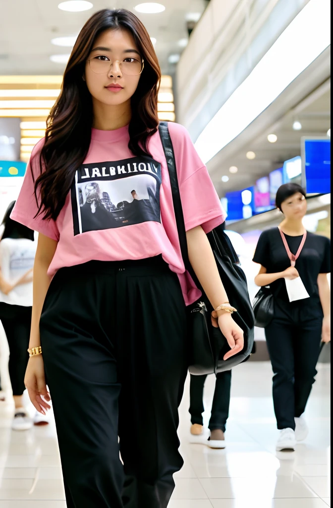 [an ultrarealistic asian woman in seoul international airport], oval face shape, dark black hair color with brown shades, mid sized wavy hair, age 25 years old, (wearing pink oversized t-shirt, black tight full pants, white premium snickers), middle layers haircut