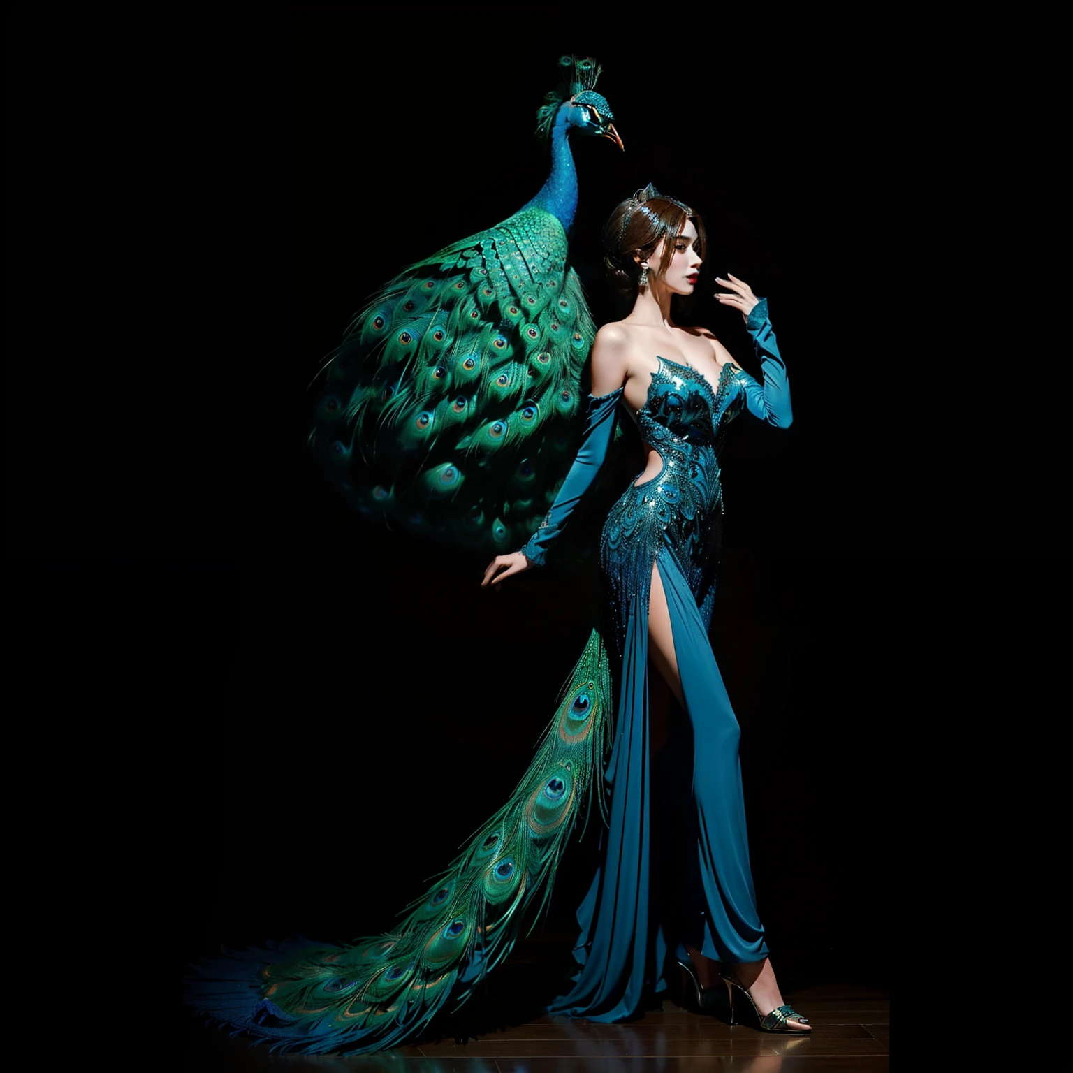 Represent a peacock as female human form, beautifull, elegant, cinematic, hd, detailed, colorfull, masterpiece,