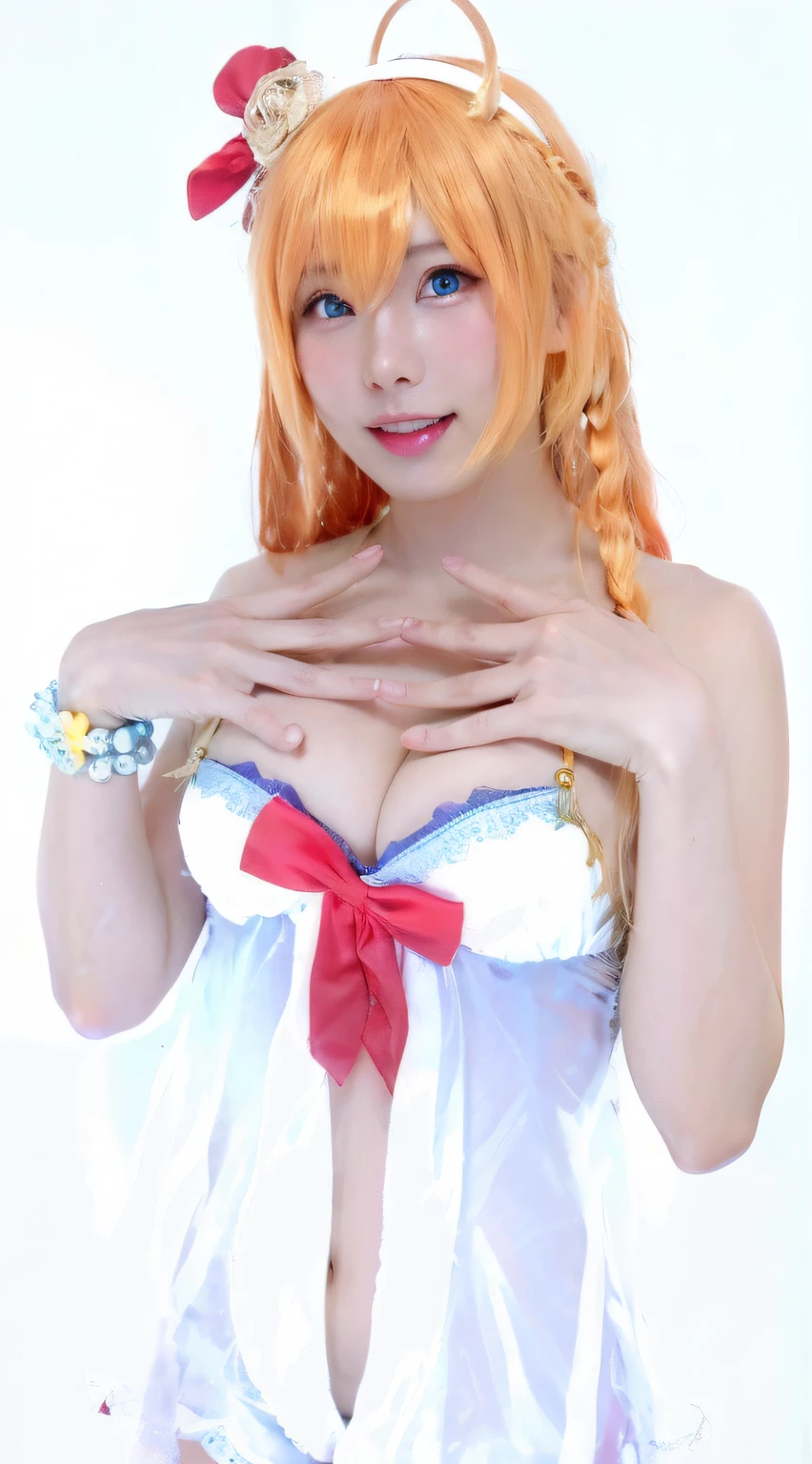 1girl,a woman in sexy lingerie covering her chest with her hands posing,blue eyes, orange hair, cleavage, navel,pink nails,hair ornament, hair flower, ahoge underwear, panties, bracelet,a sexy woman in a bikini seducing, solo, smiling,long hair,cosplayer,cosplaying as pecorine (princess connect!), swimsuit, bikini,attractive orange haired woman in short transparent dress posing for the camera, braid,realistic,huge breasts,big ass,very very narrow shoulders,very very slender arms,cosplayer Enako,very very narrow waist, top-quality, high resolution, 8k, 1girl, with light glowing, a gorgeous, (dynamicposes:0.8), Soft lighting、shinny skin、looking at the viewers、,enakorin