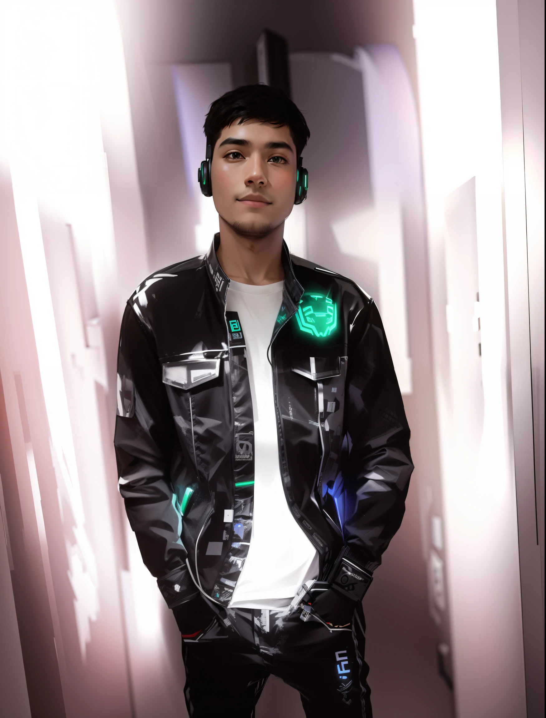 Gamer with RGB headphones with huddi with background fully gaming lights and gamingchair