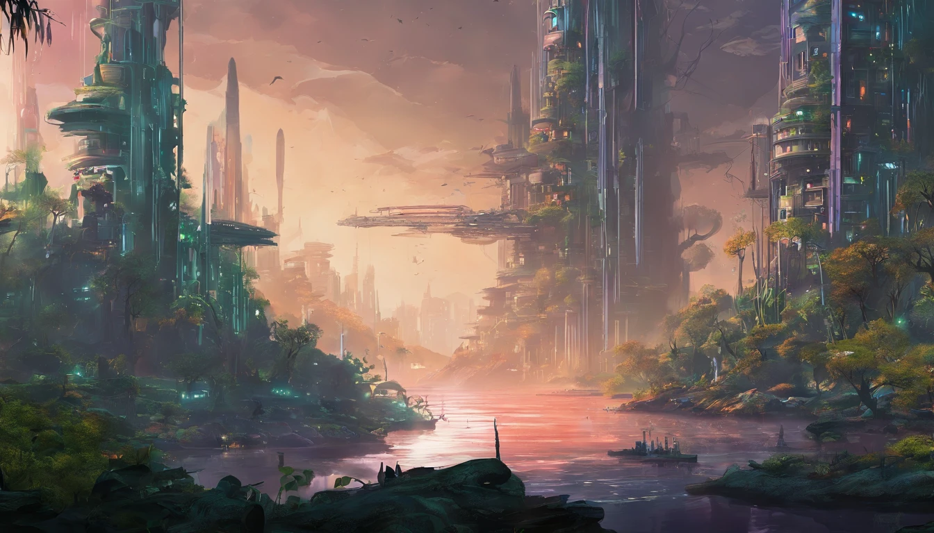 Futuristic city of low land and under the surface of the sea full of trees and forest fire drilling part with