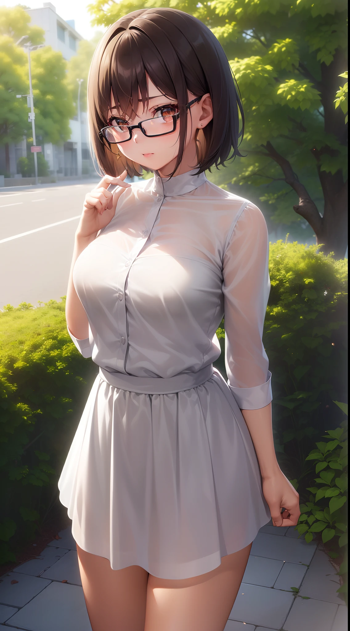 (Best Quality, Ultra-high-definition 8K CG rendering, masutepiece, High resolution, Extremely detailed, Natural lighting,
1 girl, Junior high school girl, Solo, Dark hair, Straight short hair, Light brown eyes, hair adornments,wearing black glasses, Cute face, No breasts),White see-through dress