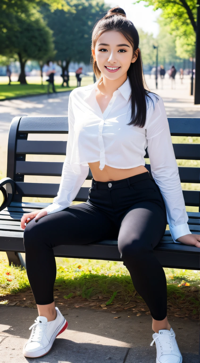 (best qualtiy,8K,tmasterpiece:1.3),(sharp fokus:1.2),(A girl sits on a bench in the park:1.2),(perfect body figure:1.4),(Slim abs:1.1),exteriors,ssmile,rays of sunshine,Fine face,beautidful eyes,Straight legs,white shirt, shorter pants, White sneakers