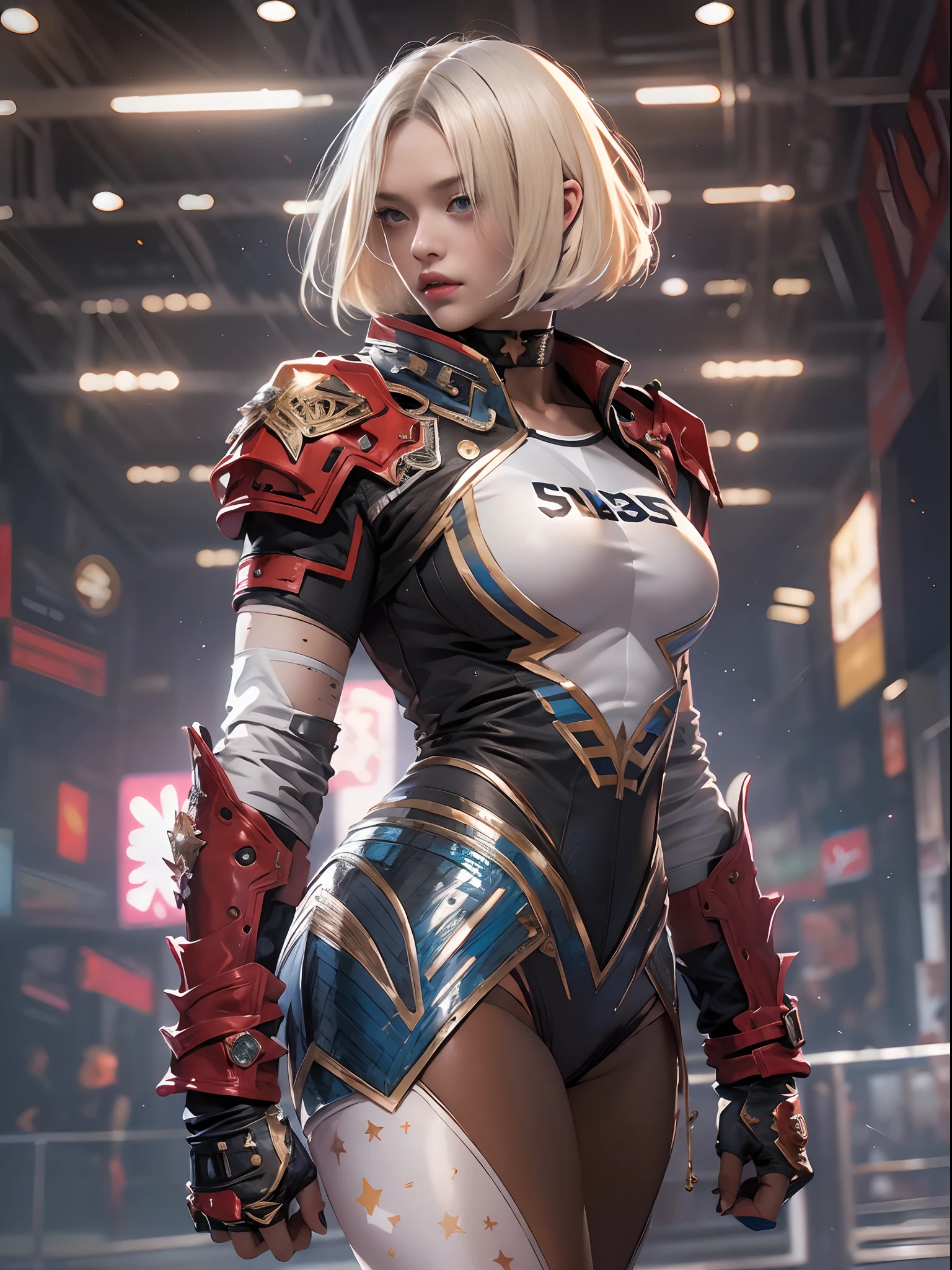 (((of the highest quality: 1.4))),(unparalleled masterpiece ever), (Ultra high definition),(Ultra-realistic 8K CG), offcial art、 (((adult body))), (((1girl in))), ((( Bob Shorthair ))), 25-year-old female wrestler with perfect body, Detailed professional wrestling costumes,Beautiful and well-groomed face,,Detailed jacket, (Image from head to thigh),(( White Blonde Bob Shorthair )), Small leather panties, Simon Bisley's urban savage style,Detailed ring background,Clean abs, Complex graphic gauntlets, Dark red with white stars and blue and white stripes, s Armor, Poison tattoo ),spot light ,