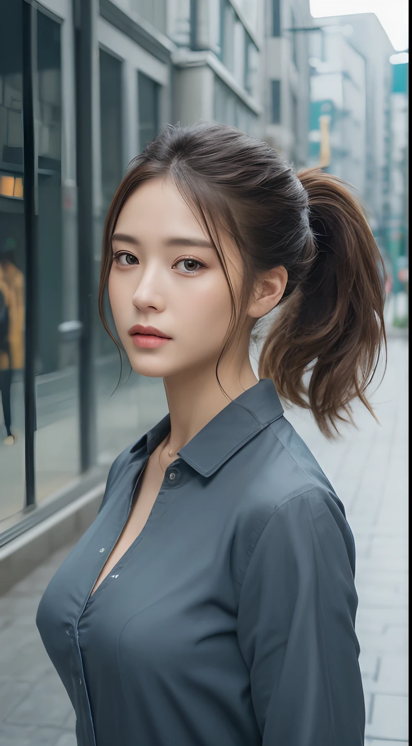 ((top-quality、8K、masterpiece:1.3))、sharp:1.2、Perfect Body Beauty:1.4、Slim abs:1.2、((Ponytail Hairstyles、huge tit:1.2))、(Wet Grey Button Long Shirt:1.1)、(rain、street:1.2)、wetty:1.5、Highly detailed facial and skin texture、A detailed eye、二重まぶた、Aspect of looking at the camera