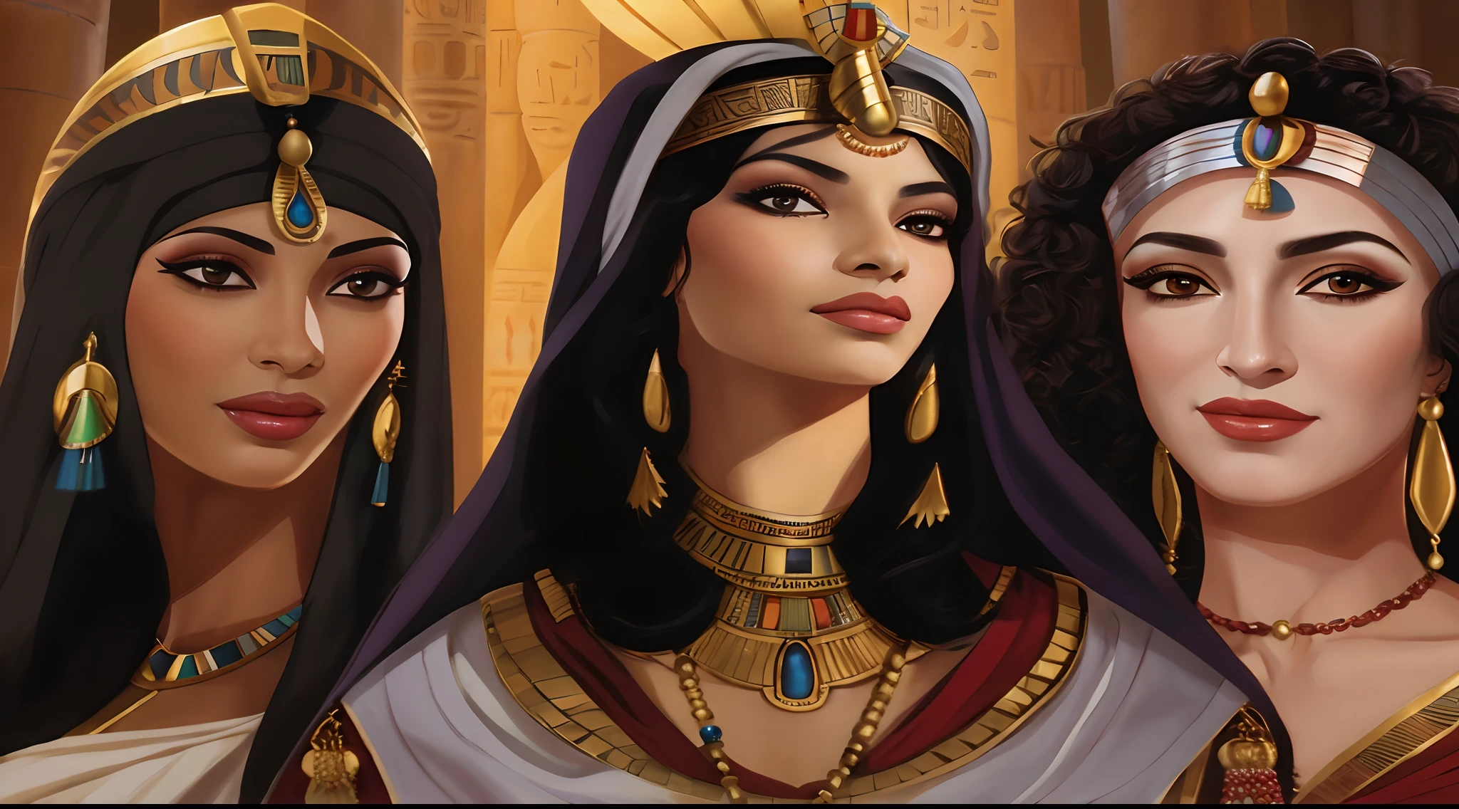 Three women in Egyptian garb stand in front of a column, Egyptian Princess, !5 deusas, egyptian clothes, Egyptian, egyptian clothes, beautiful cleopatra, cleopatra portrait, Princesa Libu antiga, wearing an egyptian crown, egyptian style, middle eastern skin, Three Eye Goddesses, mulheres bonitas, godesses, harem, the three moiras, realistic illustration, maximum detail on their faces, Maximum quality, imagem realista, Imagem detalhada, Maximum realism, Image background with colors matching your appearance, Imagem 16k