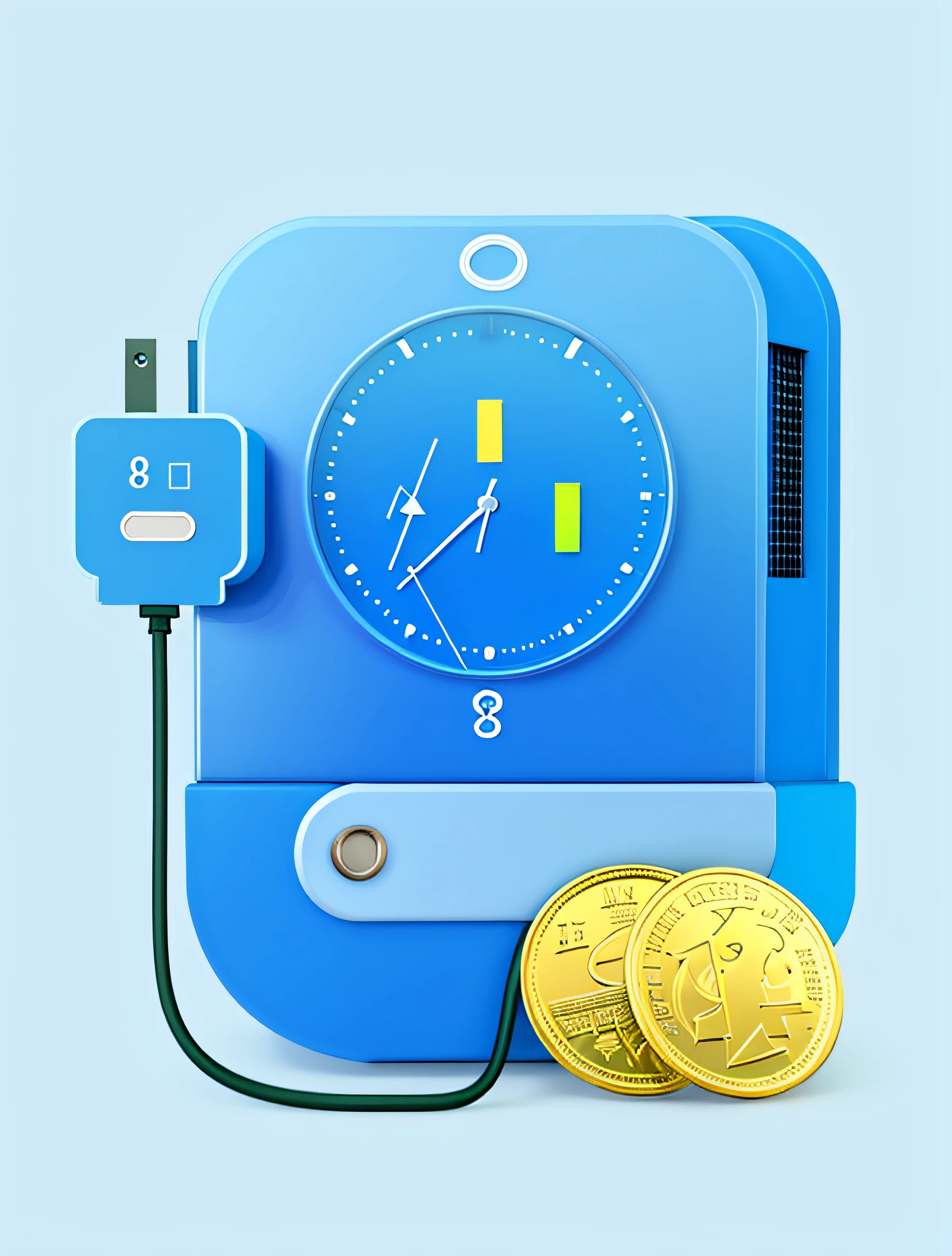 Close-up of coins and blue box with plugs, electrical, pictogram, 9K, 9 k, 8 k'', 8K, Simple illustration, flat icon, 3 d icon for mobile game, icon style, Avatar image, blue backdrop, charging plug in the chest, App icon, Blue energy, webdesign icon for solar carport