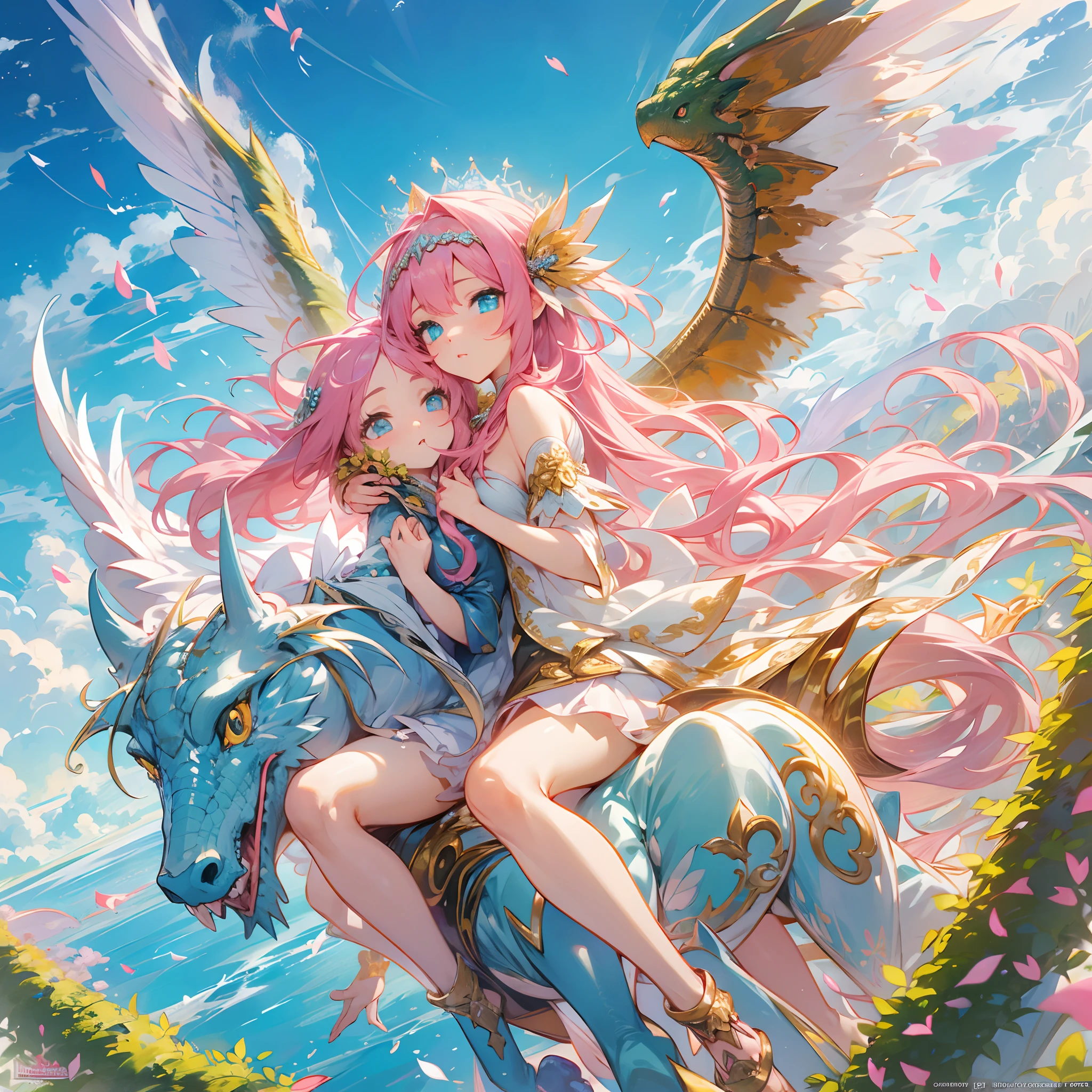 Japanimation, eroge, Incredibly hyper-detailed and intricately realistic, Perfect, Cover art, zoomout, hyper detailed painting, luminism, with an intricate, 4k resolution concept art portrait, extremely high level illustration, 16k, extremely high level illustration, absurd resolution, absurd detailed, soft and warm lighting, (((masterpiece))), best quality, extremely detailed, fantasy lighting, beautiful detailed glow, perspective, depth of field, proportion, blurry background, bokeh, sharp focus, depth and dimension, Fantasy scene, Fantasy composition, Fantasy lighting, an extremely beautiful detailed Sky Garden, Beautiful, beautiful detail girls, (yuri:1.2), (lesbian:1.2), (2 girls:1.2), (kiss: 1.2), (hug: 1.2), full body character, Beautiful, Female, Long Pink Hair, Azure eyes, Detailed face, White skin, The girl is putting her weight on one leg, Pegasus, Dragon, gryphon, lily, sky, magic, floating construction, riding