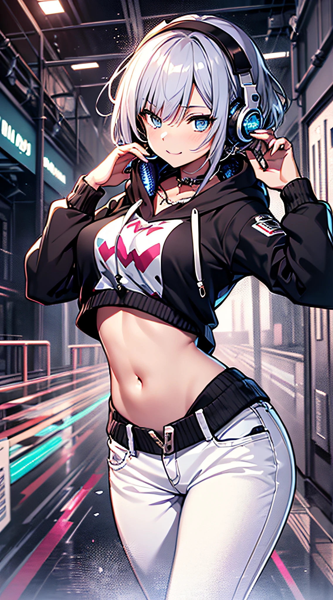 young girl, multi-colored hair, Short purple hair with yellow tips, Fox ears, blue eyes, Smile, open belly, Purple T-shirt, Huge-breasts, Medium thighs, red tattoos, Shorts,arms on a back, cute pose, Anime, Masterpiece, high quality, 4k, HD, Good detail