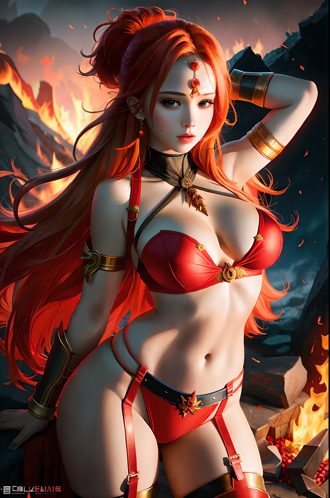 a close up of a woman in a red bikini and a sword, hot fire goddess, goddess of fire, fire goddess, extremely detailed artgerm, lava and fire goddess, appears as the fire goddess, the fire queen, red haired goddess, artgerm on artstation pixiv, fire mage, alexandra fomina artstation, deviantart artstation cgscosiety, red forehead ornament