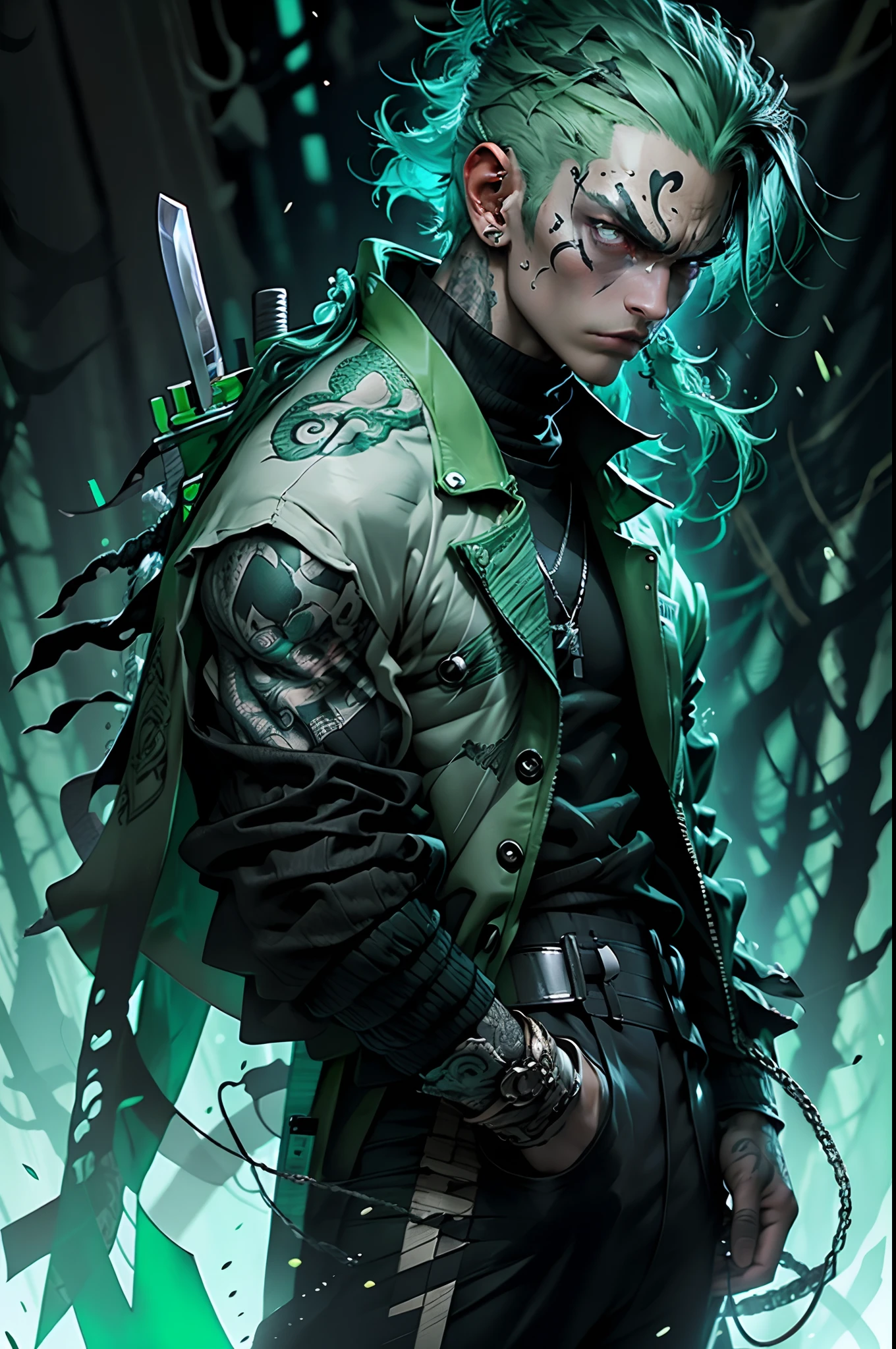 kpop boy wearing sage green futuristic jacket, handsome, charming, zoro vibe with katana, slim body, big sword katana black turtle neck attire, big jacket, serious face, chains, tattoos, cool pose, whole body shot, big eyes, glowing forest background