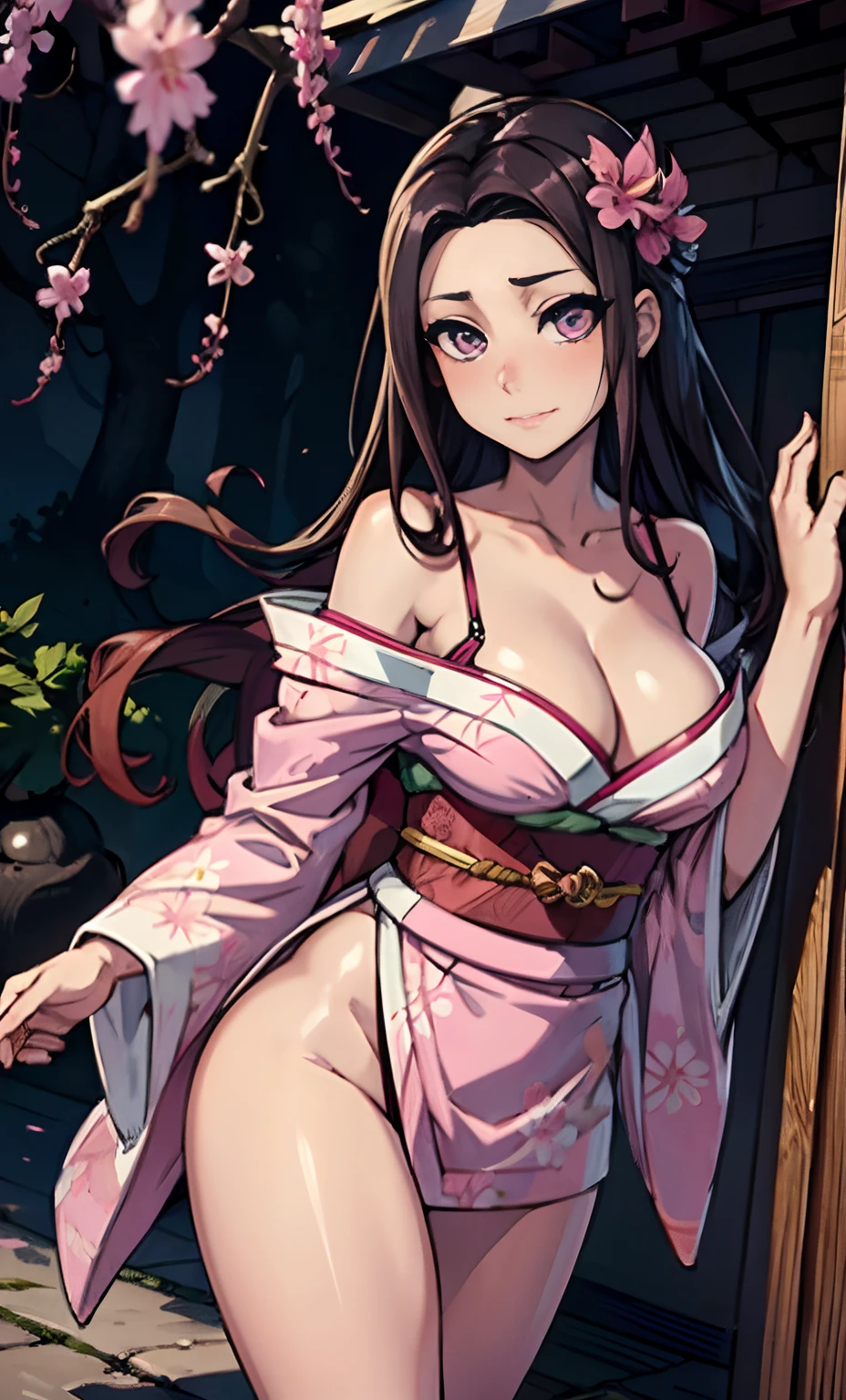 rialistic photo、Real Images、Top image quality、​masterpiece, (Pink kimono), seductived faced, good lighting, beautiful thigh、adult appeal、Adults、Big、cleavage, finely detail, ​masterpiece,I can see my panties、 radiant eyes, 1girl in, A dark-haired, SUCK, Kamado Nezuko, wisteria background, ​masterpiece, top-quality, POV,,