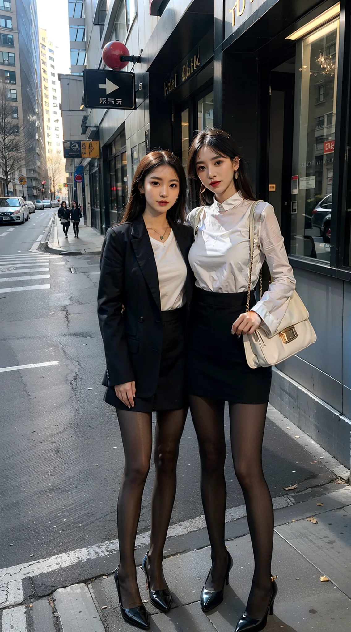 Single ball head,mature,Heavy makeup,Ultra-fine heel,Dark colorless pantyhose,ear studs,Long legs,are standing,Plenty of lighting,8K,In the daytime,Two people standing together,On the street
