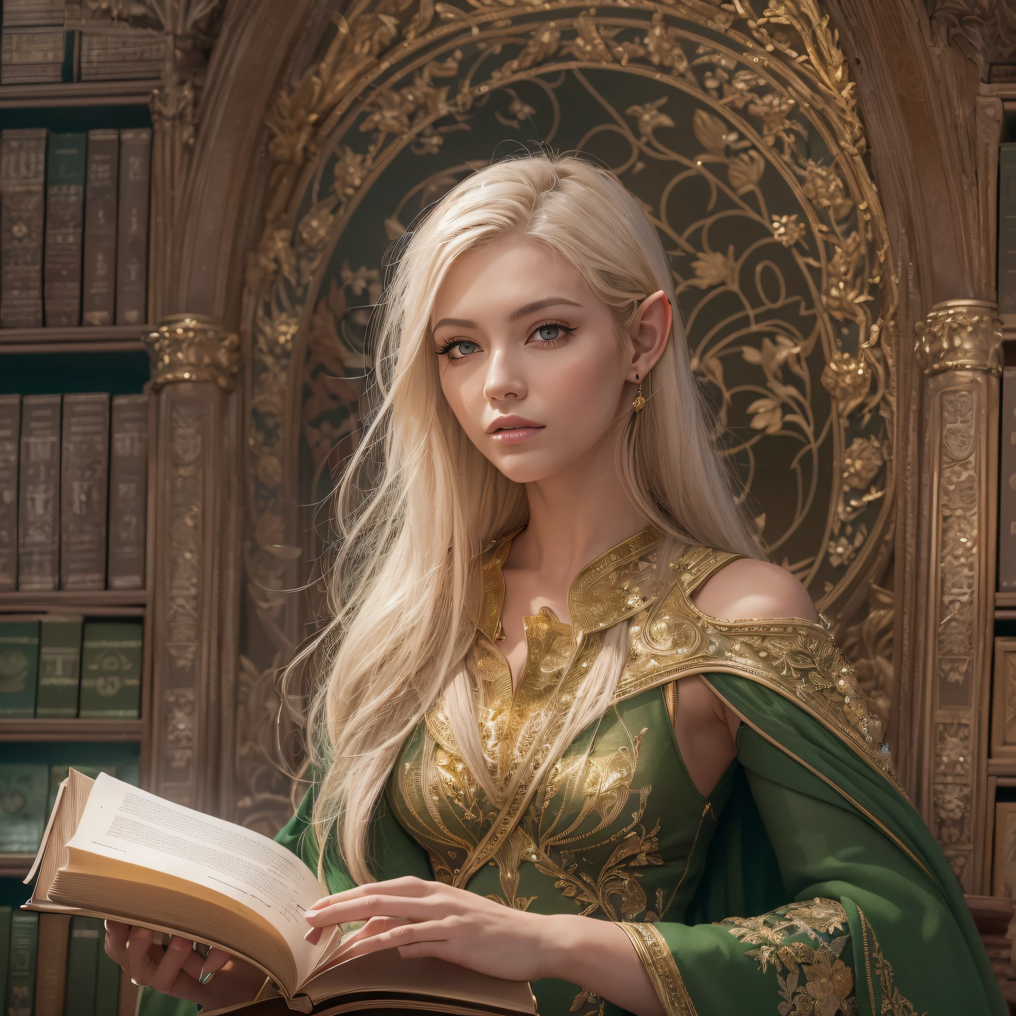 (((masutepiece, Highest Quality, High Definition, high detailing)))), One, ((Fantasy)))), (Elven Woman)))), (White short skirt with gold embroidery), (Blonde long straight hair), (shiny dark green eyes), (Green surcoat with gold embroidery), Big, (((National Library of the Royal Capital)), (Large space with many books)), Sit in a chair and read a book , Particles of light flying