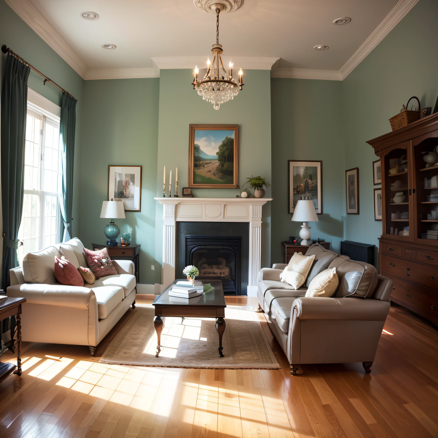 transitional family room with Crown Molding