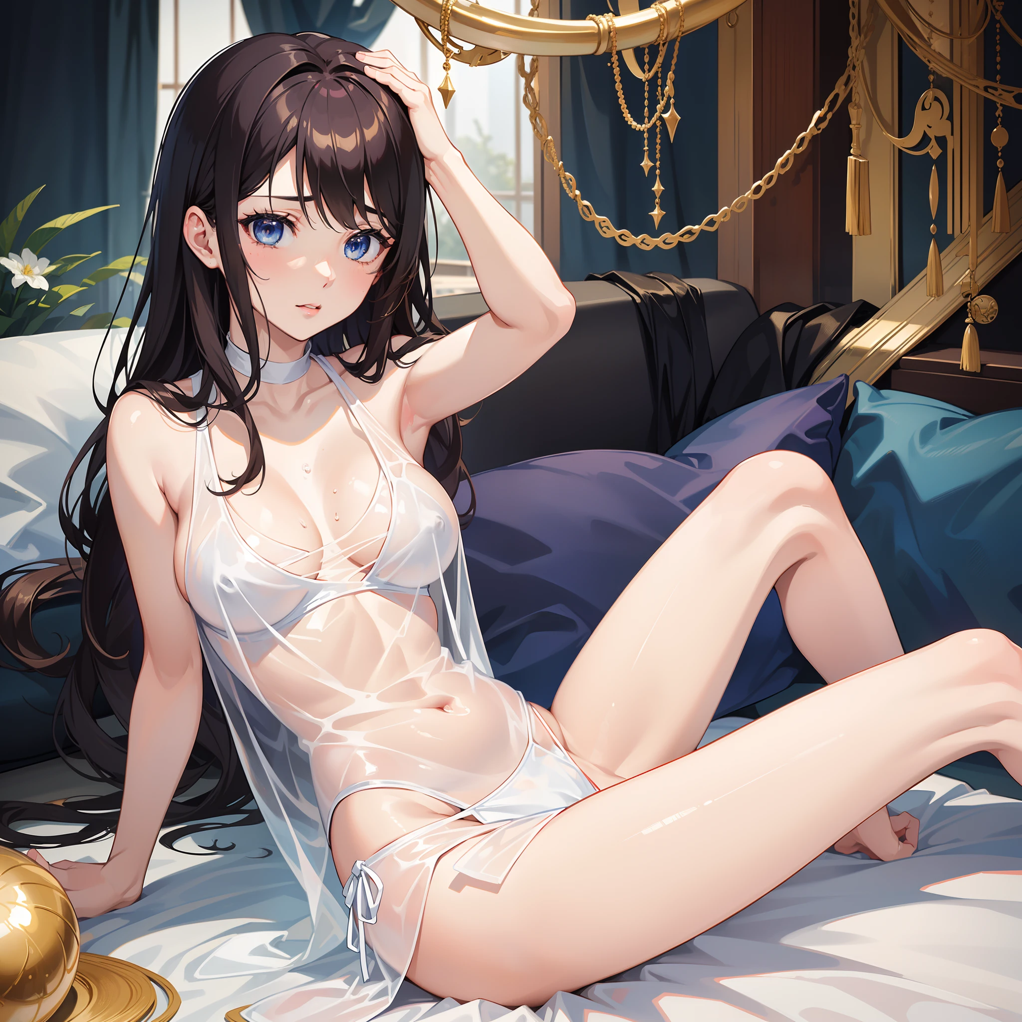 20yo Women, (Masterpiece: 1.4), (8K, Real, Raw Photo, Best Quality: 1.4), Japan Person, (1 Girl), Beautiful Face, (Real Face: 1.4), (Caramel Hair, Long Hair: 1.3), Hairstyle, Realistic Blue Eyes, Beautiful Detail Eyes, (Real Skin: 1.3), Beautiful Skin, Attractive, Ultra High Resolution, Ultra Realistic, High Definition, Golden Ratio, (Detailed Face: 1.4), ( Japanese Actor: Haruna Kawaguchi), Wet and sheer tank top,,,,,、 short black hair, wet and sheer white see-through panties, NSFW, big, big butt emphasis, nipple areola shape clear, looking at camera, sitting on the sofa, pubic shape is transparent and clear, drenched in sweat, pose (bend knees and legs wide open)
