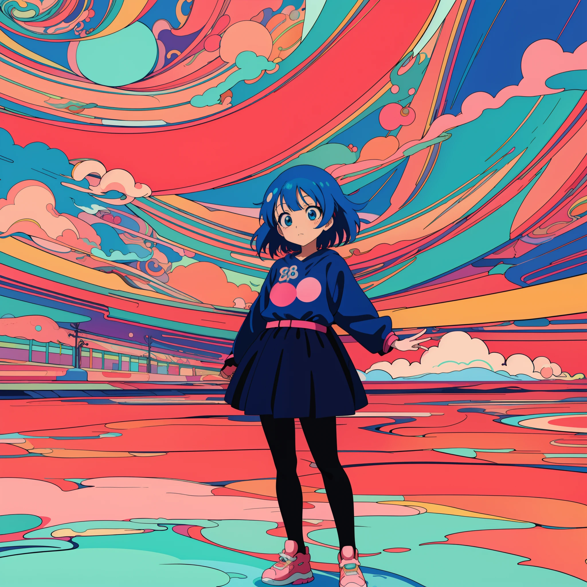 Anime girl standing in front of colorful swirl background, dreamy psychedelic anime, anime style 4 k, anime style illustration, Anime style. 8K, lofi-girl, anime graphic illustration, digital art in anime style, Anime Art Style, 9 0 s anime art style, anime vibes, Anime art wallpaper 8k, beautiful anime art style, anime art wallpaper 4k