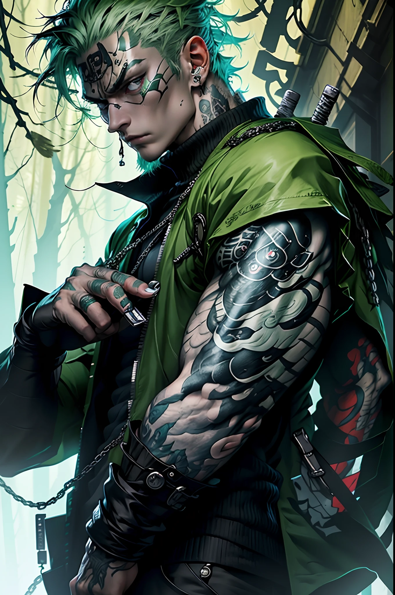 kpop boy wearing sage green futuristic jacket, handsome, charming, zoro vibe with katana, slim body, big sword katana black turtle neck attire, big jacket, serious face, chains, tattoos, cool pose, whole body shot, big eyes, glowing forest background