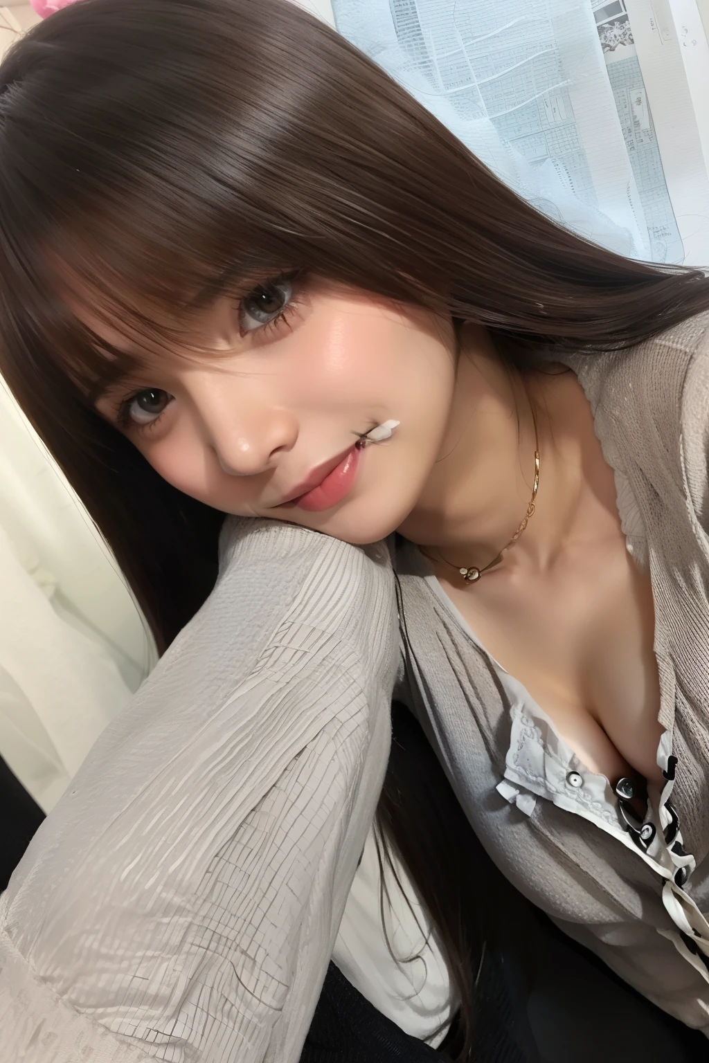 Smiling Woman、Long-sleeved clothing with buttons on the chest、A little visible cleavage、Beautiful collarbone
