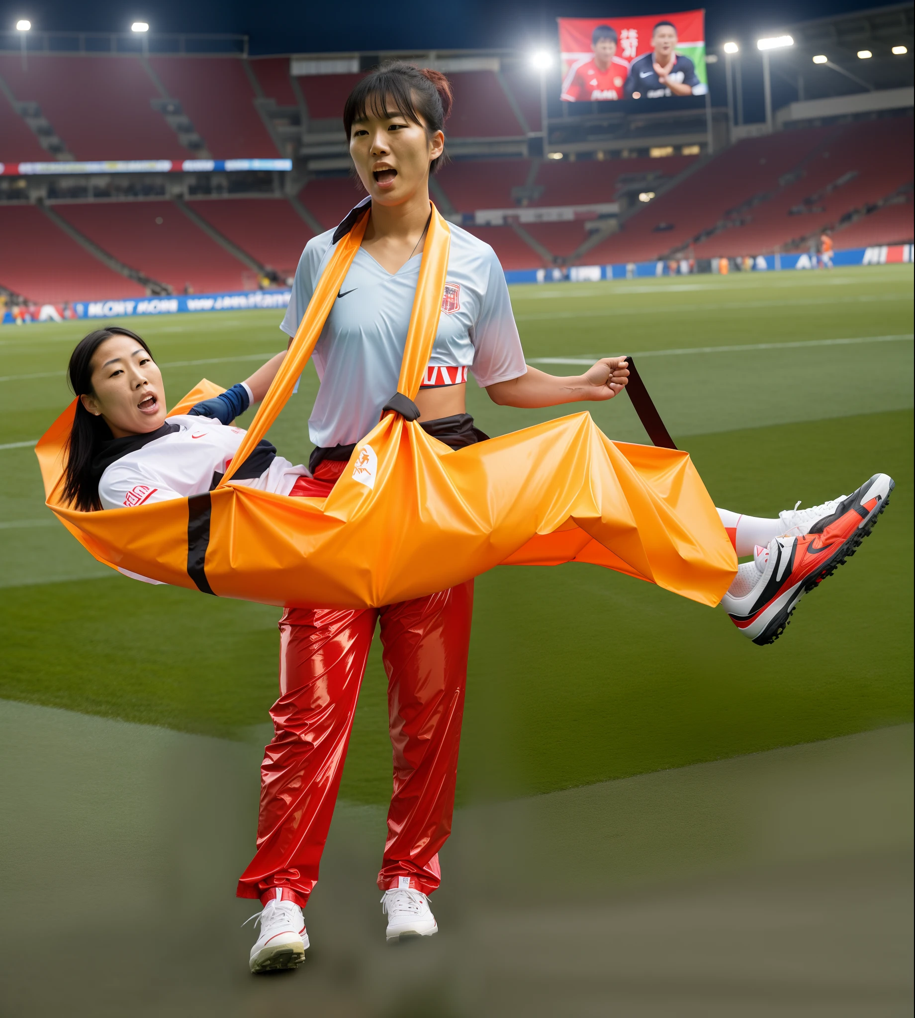 A very worried Japanese woman carries a short-haired male footballer towards us with the help of a tarpaulin, a worried Japanese woman transports an injured male footballer in a tarpaulin, a very worried Japanese woman is wearing red patent leather pants and is standing in a filled football stadium, the Japanese woman in the red patent leather pants has an extremely disturbed and shocked facial expression, the Japanese woman in the red patent leather pants is holding a shiny orange tarp queer in front of her body, the Japanese woman comes along The tarpaulin that she is carrying in front of her ran towards us, in the tarpaulin lies an injured and unconscious male footballer with short hair and matt sports clothing, the matt t-shirt and the pain-distorted face of the injured athlete protrude over the left part of the tarpaulin , two soccer shoes protrude from the right end of the tarpaulin