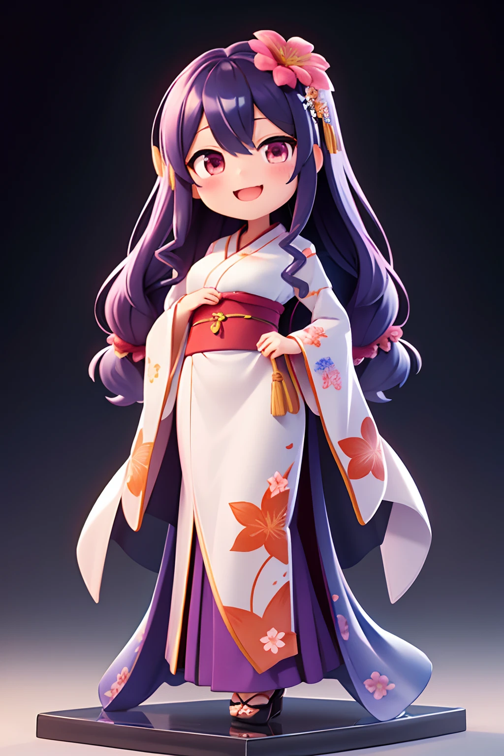 photoRealstic、Nedroid in wedding dress arranged in kimono standing in front of the painting、Open mouth and big smile、watercolor Nendoroid、(High Definition Figure)、Flowing iridescent silk、up of face、Eye Up、In the eyes♥、Floral dress、There are also flowers in front of the nendroids、flower petals、season!!: 夏天☀ 🍂