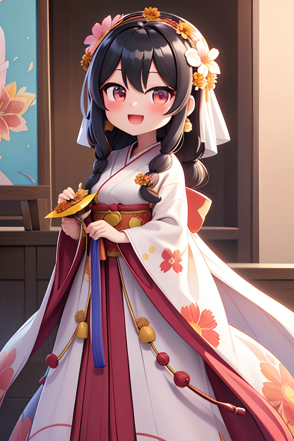 photoRealstic、Nedroid in wedding dress arranged in kimono standing in front of the painting、Open mouth and big smile、watercolor Nendoroid、(High Definition Figure)、Flowing iridescent silk、up of face、Eye Up、♥Colorcon with a handle、Floral dress、There are also flowers in front of the nendroids、flower petals、season!!: 夏天☀ 🍂