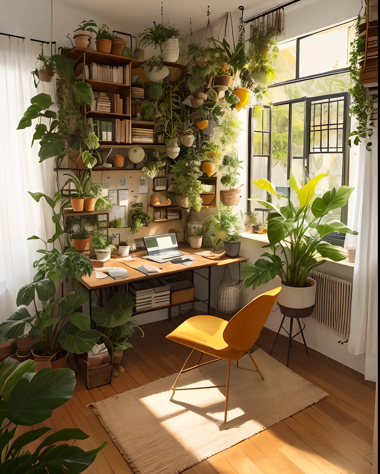 uma grande mesa de madeira com uma cadeira e um gato sentado nela, apartamento de um estudante de arte, sala cheia de plantas, Cottagecore hippie, perfect maximalistic composition, lugar aconchegante, home office, Home Office Interior, warm space, Gatos e plantas, gato laranja na cadeira, plantas urbanas da selva, adornado com todo o tipo de plantas, Messy maximalist interior, trending on Pinterest,maximalista