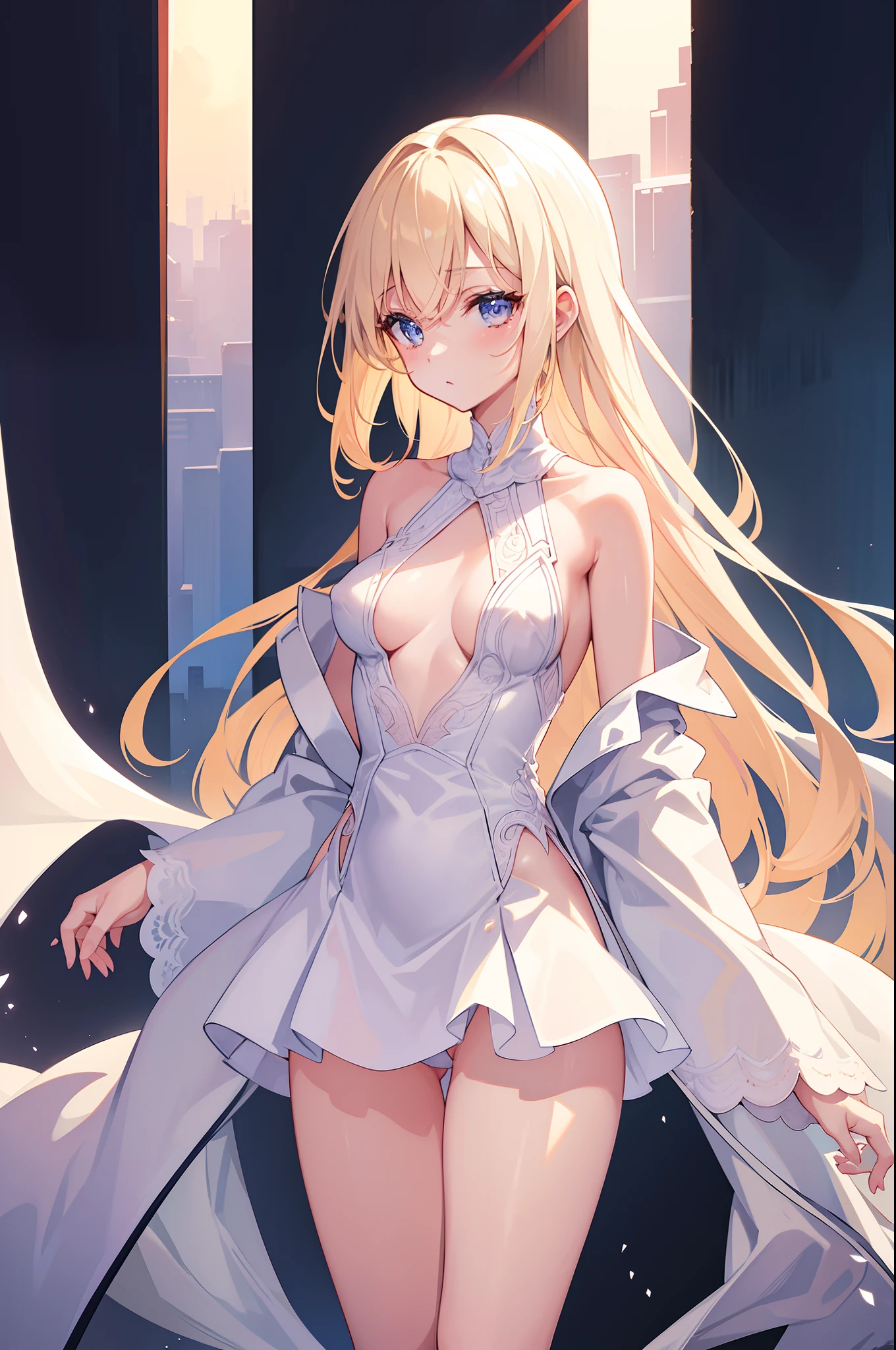 1 cute girl , walking on the runway , cowboy shot, luxury ready-made clothing , (nipple) ,((masterpiece)), ((best quality)), ((ultra-detailed)), (illustration), ((an extremely delicate and beautiful))