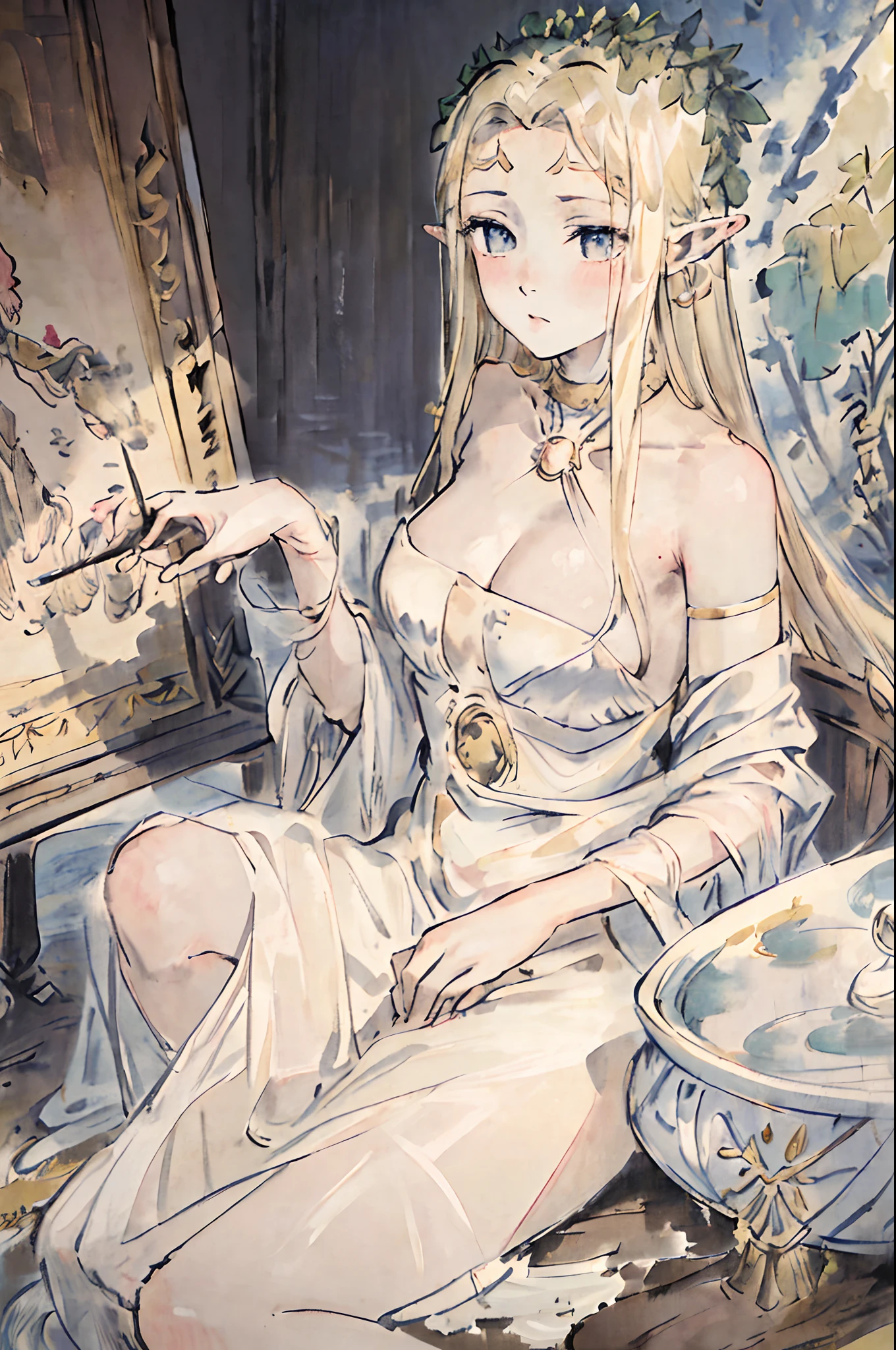 masterpiece、top-quality、Very delicate and beautiful girl、extremely delicate and beautiful、world masterpiece theater、Ultra-fine、top-quality、a blond、Hi-Res、Very elaborate、Elf Girl、top-quality、illustratio、The viewer watching、Impasto、canvas、an oil painting、realism、realisitic