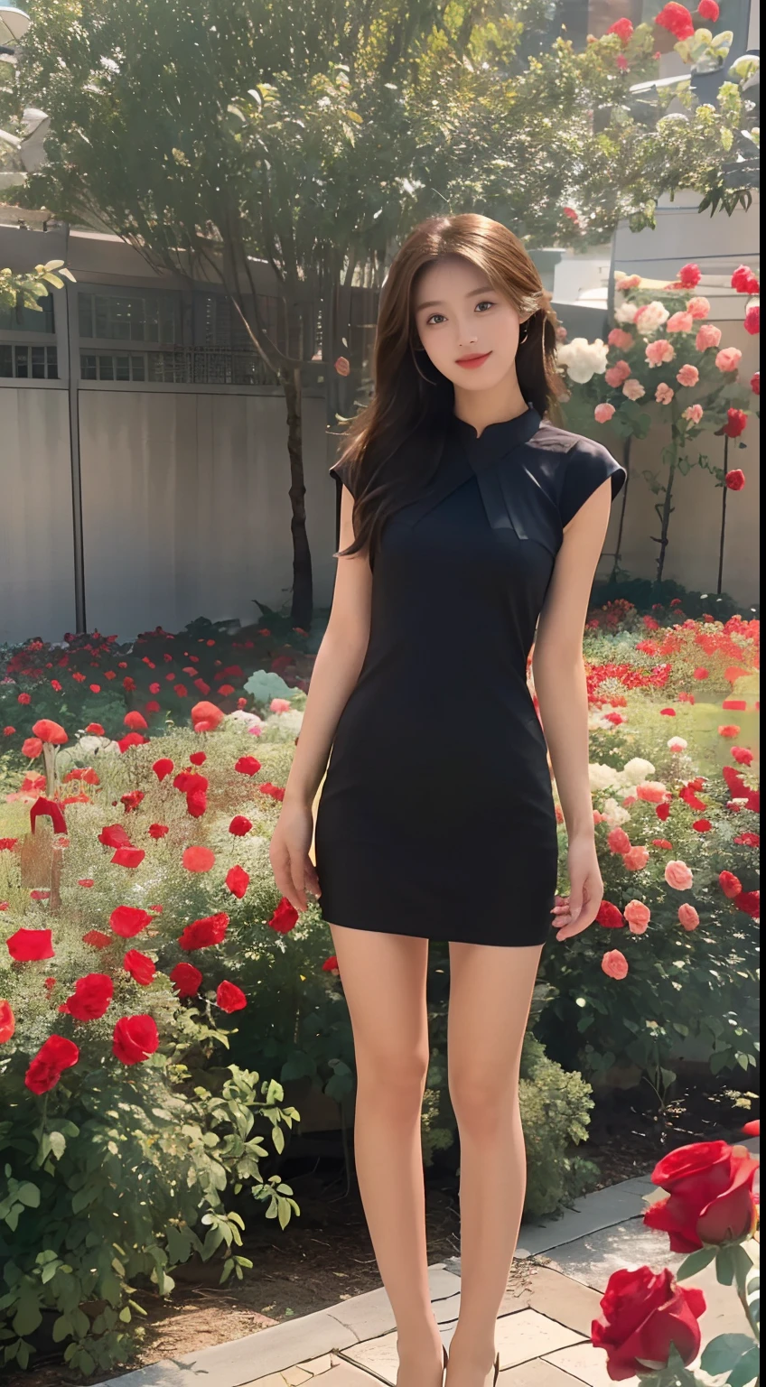 ((Best picture quality, 8K, tmasterpiece: 1.3)), self-shot,（full bodyesbian：1.5），A cute beauty with a perfect figure: 1.4, Slim， ((Brown hair black)) , (sleevelessdress，Highly detailed face，having fun，standing on your feet：1.2），（（Sea of roses）），Highly detailed facial and skin texture，wide wide shot，Ray traching，Colorful garden，detail-rich，Sea of roses