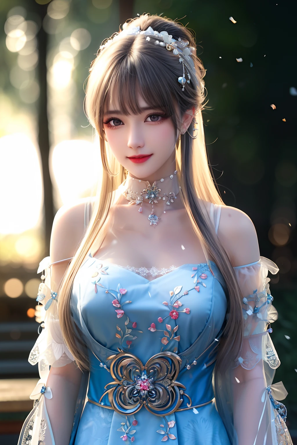 Superb Piece, Masterpiece, Realism, 1Girl, (solo), cleavage, brunette hair, long hair, off-the-shoulders, collarbone, white dress, smile, look at the audience, necklace, bow hair ornament, blurred background, beautiful eyes, front, white flowers, lips,