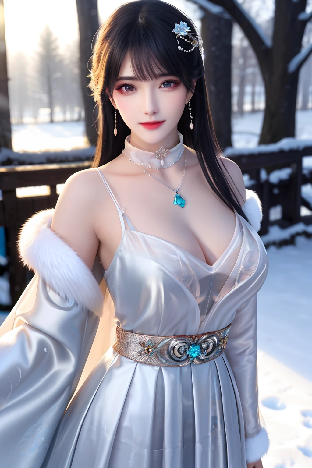 best qualityer,8K, tmasterpiece, A high resolution, 1girll, Clear silk porcelain dress, Fur coat, hair adornments, ssmile, Keep one's mouth shut, cparted lips,Large breasts,Shoulder, shift dresses, hair adornments, choker necklace, jewely, Chinese outfit, long whitr hair, 耳Nipple Ring, Detailed beautiful eyes, detailed eyelashes, beautiful face,after sexing_Body, Tyndall effect,realisticlying, edge lit, twotonelighting,(highdetailskin:1.2), 8K, Ultra HD, digital SLR camera, gentle illumination, high high quality, Volumetriclighting, Frankness, photore, A high resolution, Bokeh, at a forest, Falling snow, Winters, in the afternoon