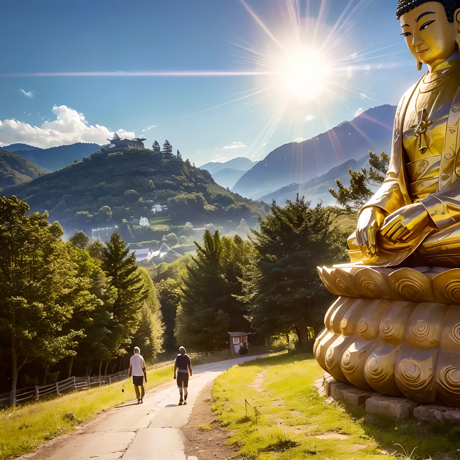 (2 pilgrims walking on the road:1.5), On the distant mountain there are huge Buddha statues,Buddha statues have peaceful faces,Stoic face, a Buddhist Buddha, Buddhism, Buddha, Buddhist, The rising sun shines golden in the sky,The holy light shines on the Buddha statue,Zen temple background,Verism, En plein air, Cinematic lighting, stereograms, Masterpiece, hyper HD, Best quality