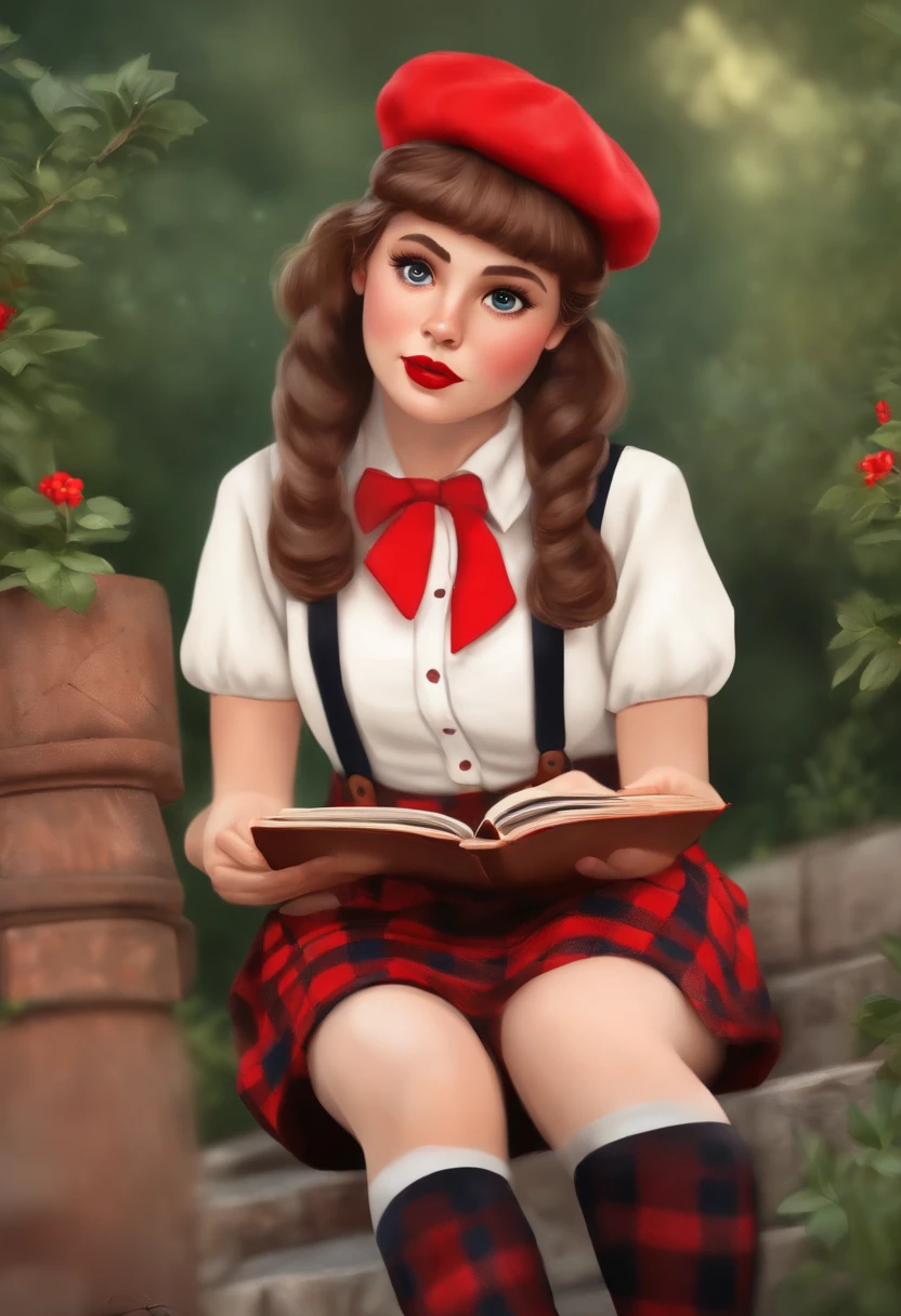 A cartoonist girl. She wears a red beret. She wears a white blouse and a red checked skirt with suspenders. 
She wears white socks and red enamel shoes. She is carrying a sketchbook and a paintbrush, 80's cartoon style.