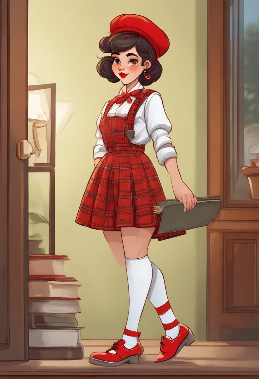 A cartoonist girl. She wears a red beret. She wears a white blouse and a red checked skirt with suspenders.
She wears white socks and red enamel shoes. She is carrying a sketchbook and a paintbrush, 80's cartoon style.