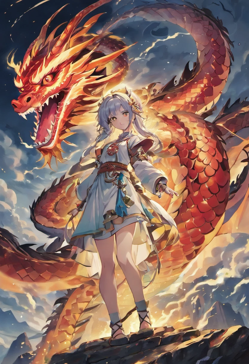 (Ying Dragon God), (Through the clouds), (Top of the mountains), (complex), (super detailing), (starryskybackground), (Stout Limbs), (Moon Knight), (ultraclear), (top-quality) (Masterpiece), (Top quality), (((Ultra definition))), (Extra fine), 4K, 8K, (Top quality), Eight-pronged serpent, (((Dragon with eight heads and eight tails)) ), the face of a divine dragon, beautiful, illustration, anime style, colorful, high spec, red eyes, detailed scales, the scales and eyes of a snake, the beauty that captivates everyone who sees it, the body of a huge and long snake, Many heads, sharp fangs, forked tongue, Japanese mythology, sublime, noble