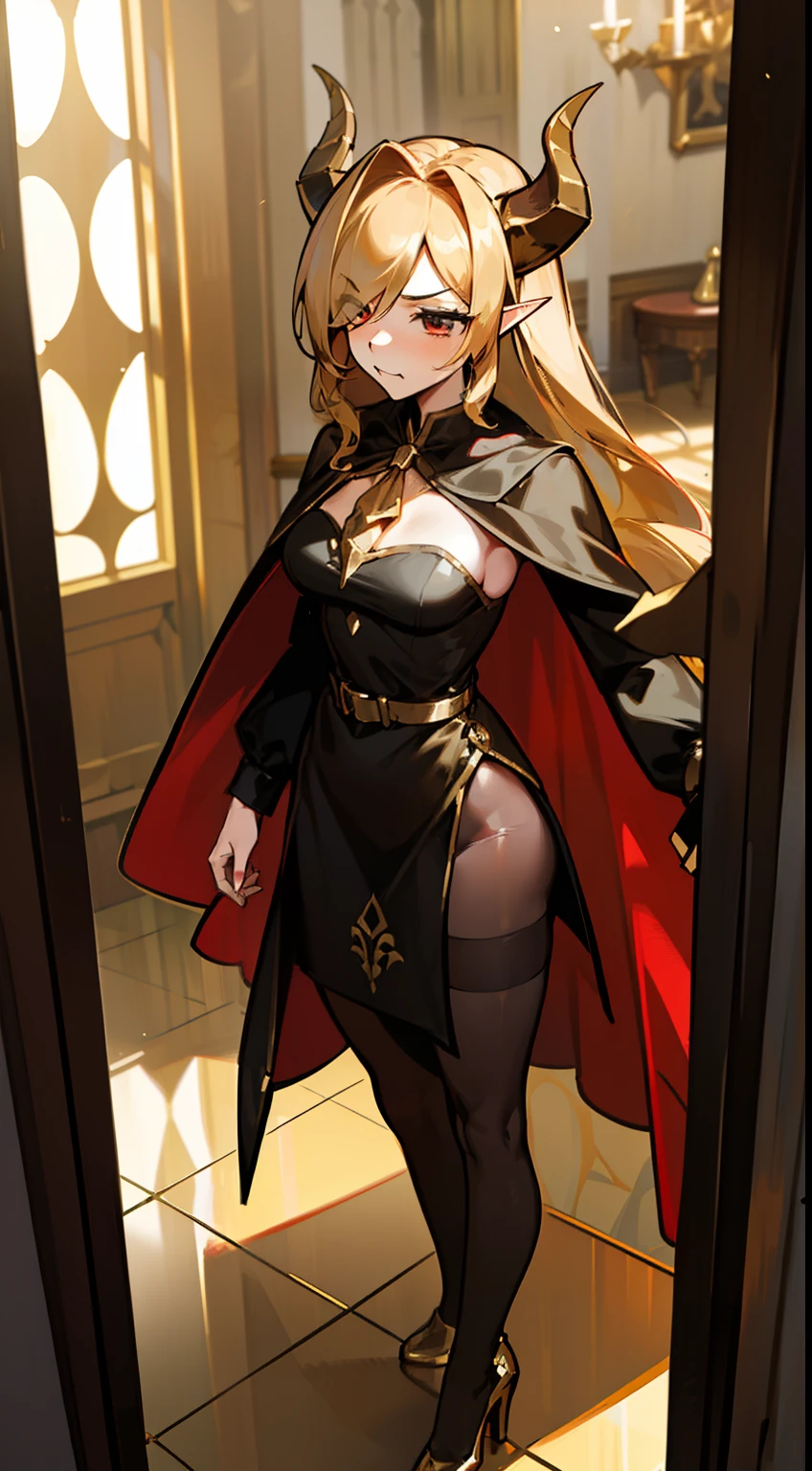 1woman,40s,solo,angry face,golden and black short dress,medium tits,golden hair,long hair,red eyes,elves ears,golden horns,pantyhose,((cape)),hair over one eye,gold high heels,(((standing in front of a room inside a castle)))