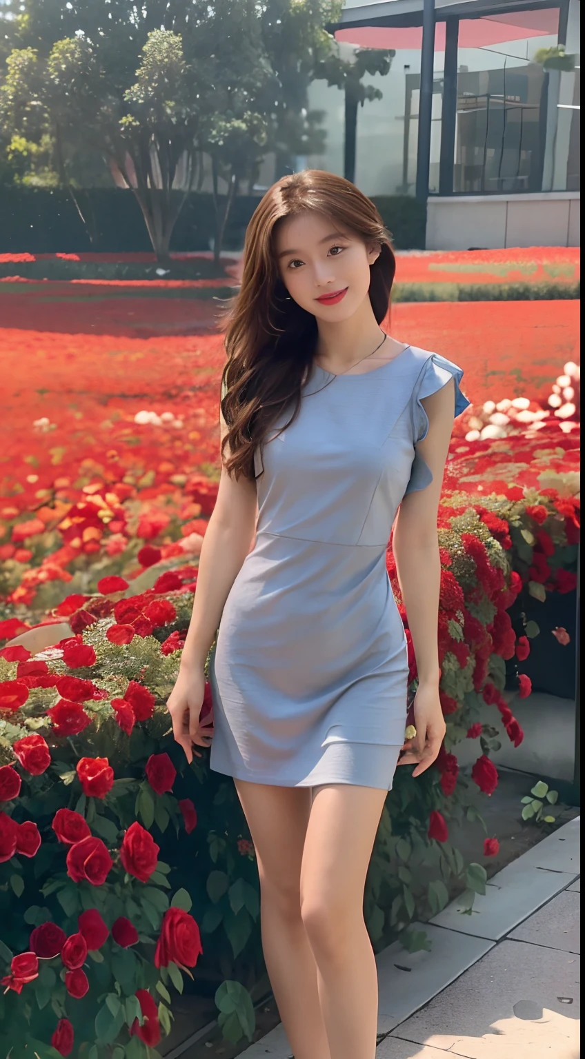 A woman in a blue dress standing in front of a flower garden - SeaArt AI