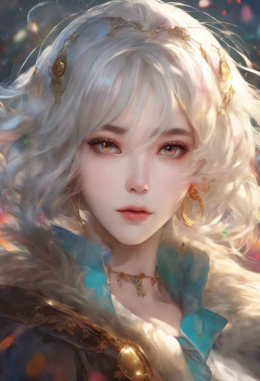 (((masutepiece))),(((Best Quality))),((Ultra-detailed)),(Illustration),(Dynamic Angle), ((floating)),(paint),((disheveled hair)), (Solo),(1girl in), ((Big)), (((Detailed anima face))),((beautifull detailed face)),Collar,Bare shoulders,  White hair, ((Colorful hair)),((striated hair)), Beautiful detailed eyes,(Gradient color eyes),(((Colorful eyes))), (((Colorful background))),(((High color saturation))),(((Surrounded by colorful splashes))),(((surrounded by colorful dot))),colorful bubble,((Shining)),((校服)),(Tight shirt)