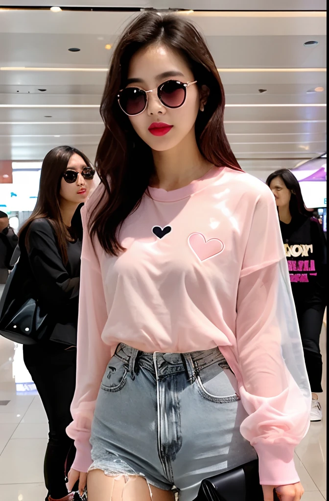 [an ultrarealistic asian woman in seoul international airport], [fashion hot and sexy model], oval face shape, dark black hair color with brown shades, mid sized wavy hair, age 25 years old, (wearing pink oversized full sleeve t-shirt with no logo, black tight full pants, white premium snickers), middle layers haircut, bell-shaped breasts, (( a heart shaped light pink transparent eyewear, perfect makeup, professional model makeup, light pink lipstick in thin lips))