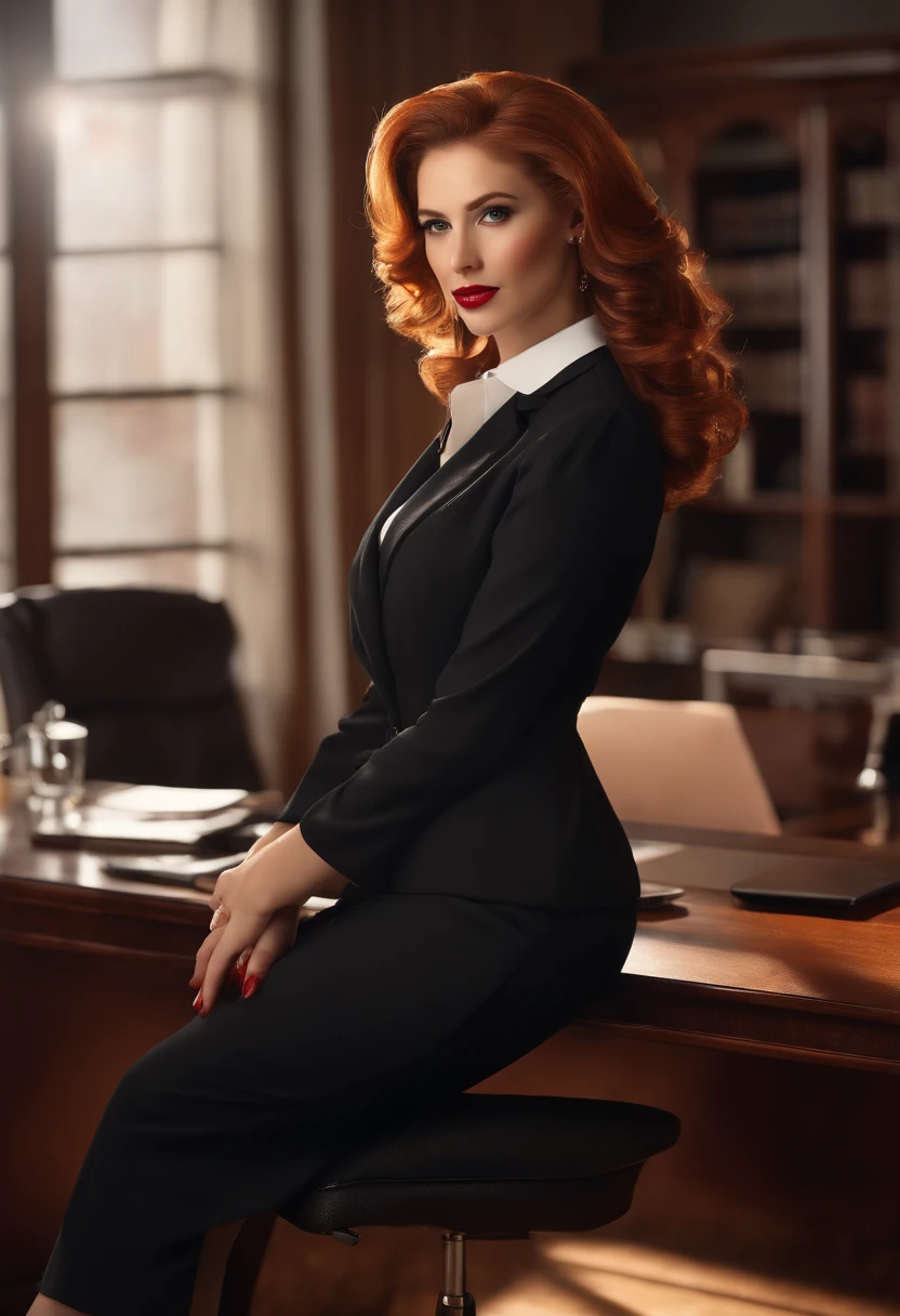 The red-haired secretary wears white high heels, Show off her toned and well-proportioned legs [Beautiful detailed legs]. The secretary's confident and seductive gaze [Strong gaze], Her beautiful makeup and long makeup stand out even more, curly eyelashes [Beautiful detailed eyes]. She is sweet, The plump lips are painted a bold red [beautiful detailed lips]. 《fullbody naked》, accentuating her curves [Full body  photos]. The environment is set in a modern office, Stylish furniture and large windows，Let in natural light [Sunshine Office]. Overall image quality is the highest, Has ultra-detailed rendering [Best quality, A high resolution:1.2]. The artistic style tends to be a combination of realism and portrait elements, Capture the charm of secretaries with precision [Realistic portraits]. The color palette is rich and vibrant, The warm tones of red and brown complement the secretary's hair and skin tone [Rich warm colors]. The lighting is soft and soft, Cast a flattering glow for the secretary，Elevate an atmosphere of elegance and sophistication [gentlesoftlighting].