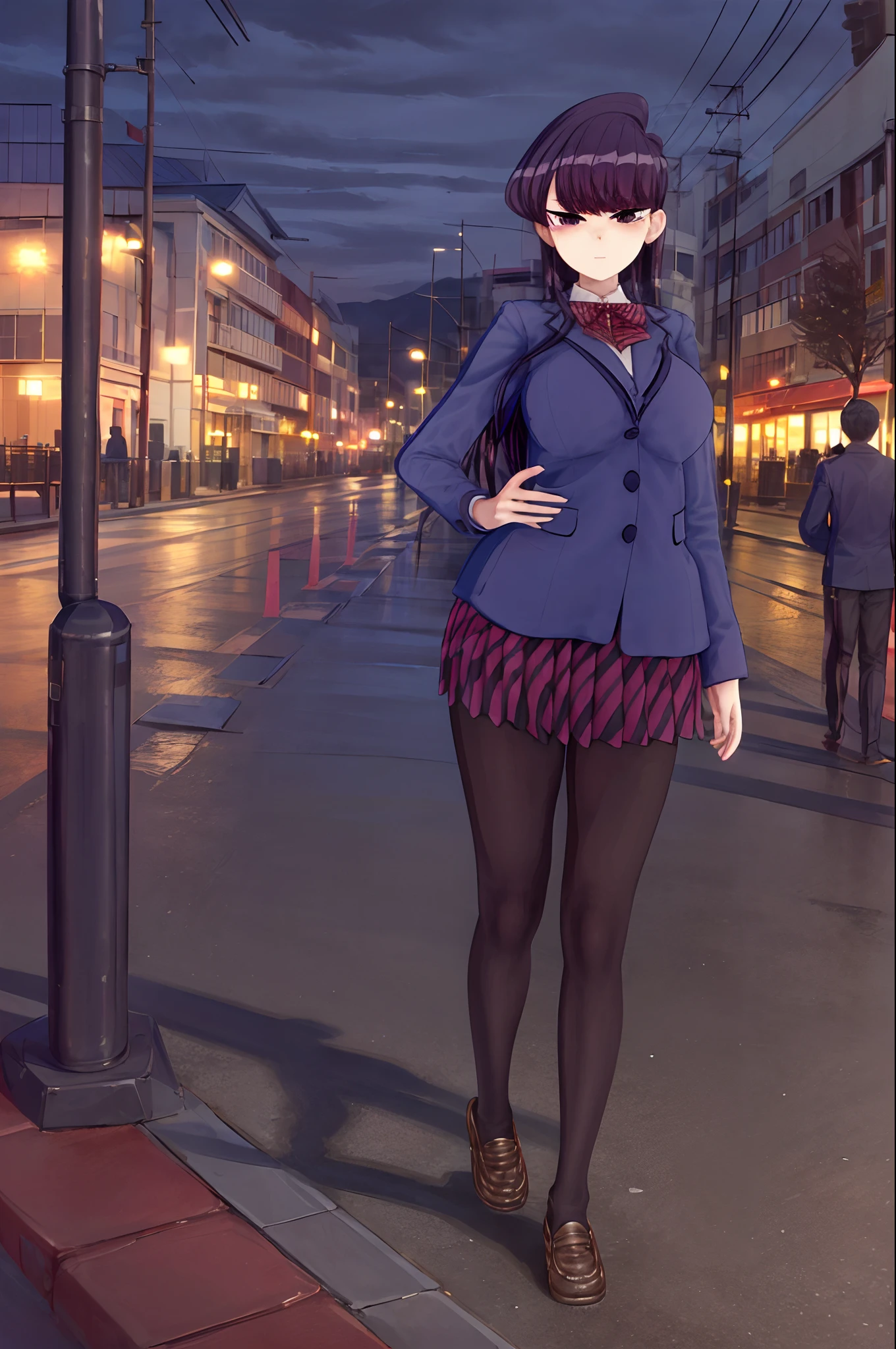 ((Best Quality, 8k, Masterpiece: 1.3)), 1girl,Highly Detailed Face and Skin Texture, Detailed Eyes,(Komi Shouko),undersized clothes, midriff,(masterpiece, best quality:1.4),high quality, highly detailed,detailed,perfect,wide_shot,dingy,dim lightning,dramatic lightning,Full Body, Focus Sharp: 1.2, Outstanding Beauty: 1.4, ,tall girl,komi-san wa komyushou desu, ks school uniform, blue jacket, white shirt, striped bowtie, red skirt, black pantyhose, looking at viewer, , (Night City, Street: 1.1),