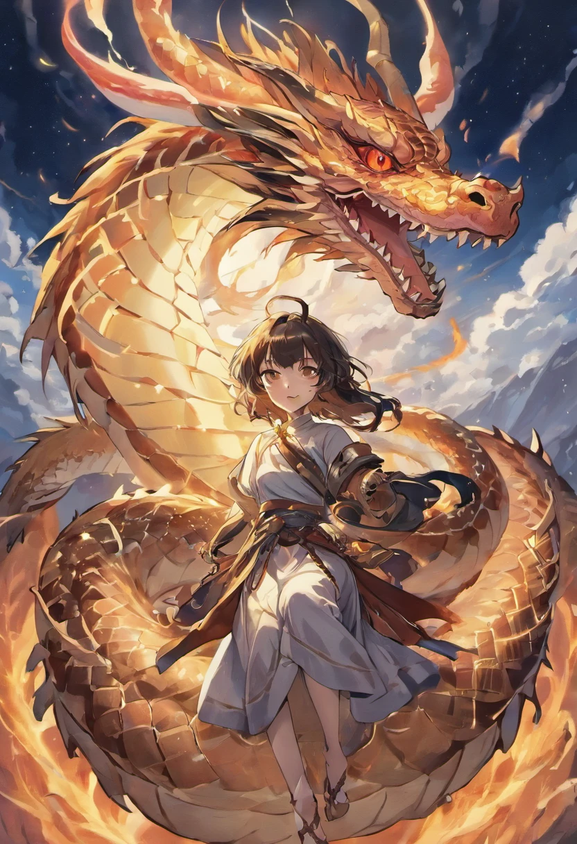 You find an imposing figure in front of you, half human, half dragon.  Its scaled skin glows green in the light of the setting sun.  Eyes piercing like emeralds watch your every move, filled with ancient wisdom and indomitable strength.  His muscular and slender body is adorned by a luxurious kimono, in shades of red and gold, with intricate embroidery that seems to tell stories of epic battles and forgotten legends.  The zabatou, long and imposing, is carefully tied around the waist, ready to be unsheathed in an instant.  With a posture that mixes grace and power, she presents herself: