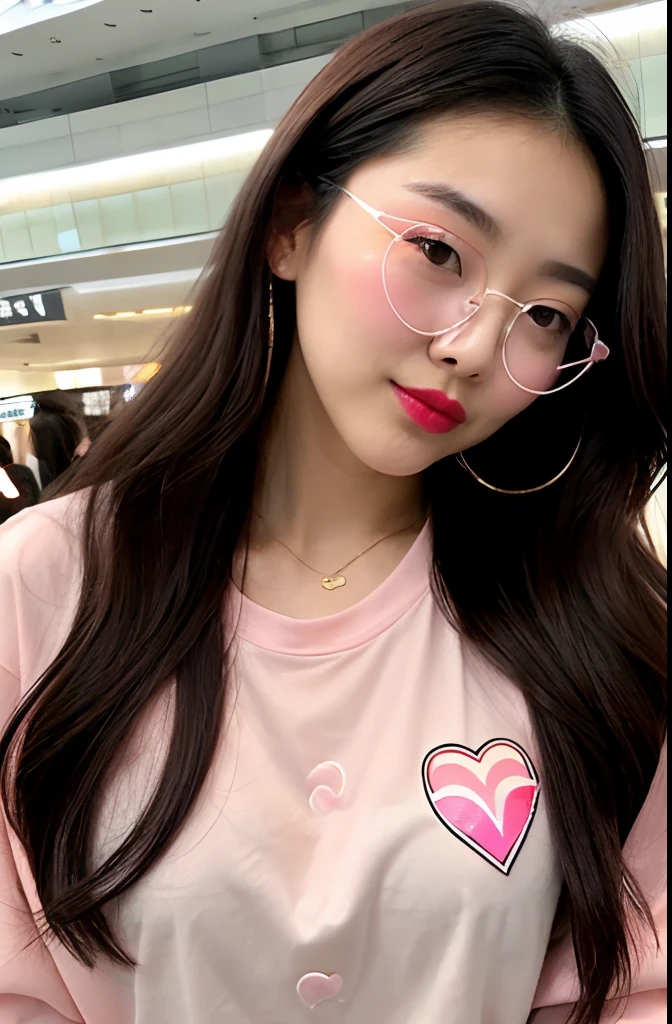 [an ultrarealistic asian woman in seoul international airport], [fashion hot and sexy model], oval face shape, dark black hair color with brown shades, mid sized wavy hair, age 25 years old, (wearing pink oversized full sleeve t-shirt with no logo, black tight full pants, white premium snickers), middle layers haircut, bell-shaped breasts, (( a heart shaped light pink transparent eyewear, perfect makeup, professional model makeup, light pink lipstick in thin lips))