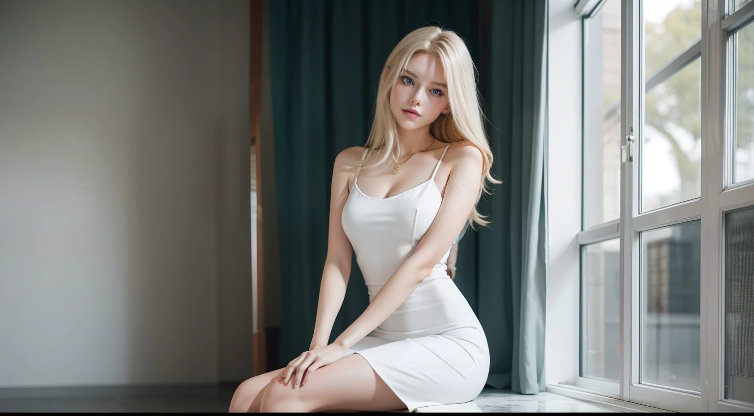 A woman of beauty in a fantastic space, Tight micro dress white and gold color, 98k, {{Masterpiece}}, Best quality, High quality:1.4), {{[[front look}}, eye_contact, a variety of poses)]], very pretty look face, and very pretty eyes, cute images, cute images, {{full bodyesbian}}, {{{{{{{{Long legs}}}}}}}}, {{{{slim sexy body}}}}, {{{{{{Tall woman}}}}}}, {{177 cm tall}}, Solo, Beautiful, Lovely, Adorable, Pale skin, {{18to 22 years old German girl}}, look beautiful German girl and blue eyes or green eyes with platinum blonde hair color), Nordic German young girl, {{{{{{{{{{full bodyesbian}}}}}}}}}}, {{{{{{{{{{High_Heels}}}}}}}}}},